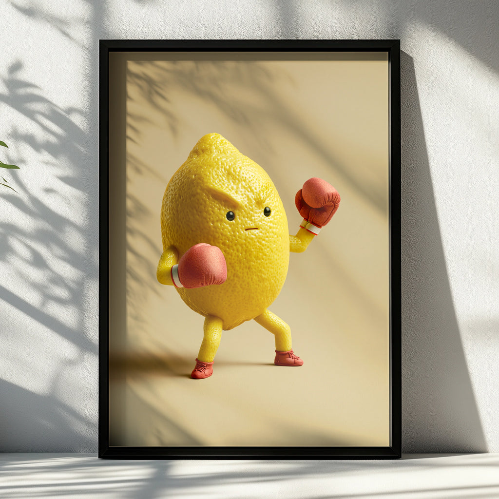 Fighting Lemon Boxing Poster, Funny Fruit Character Print, Bold Yellow Wall Art