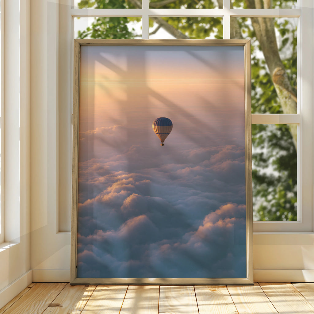 Hot Air Balloon Above Clouds Poster, Sunset Sky Wall Art Print