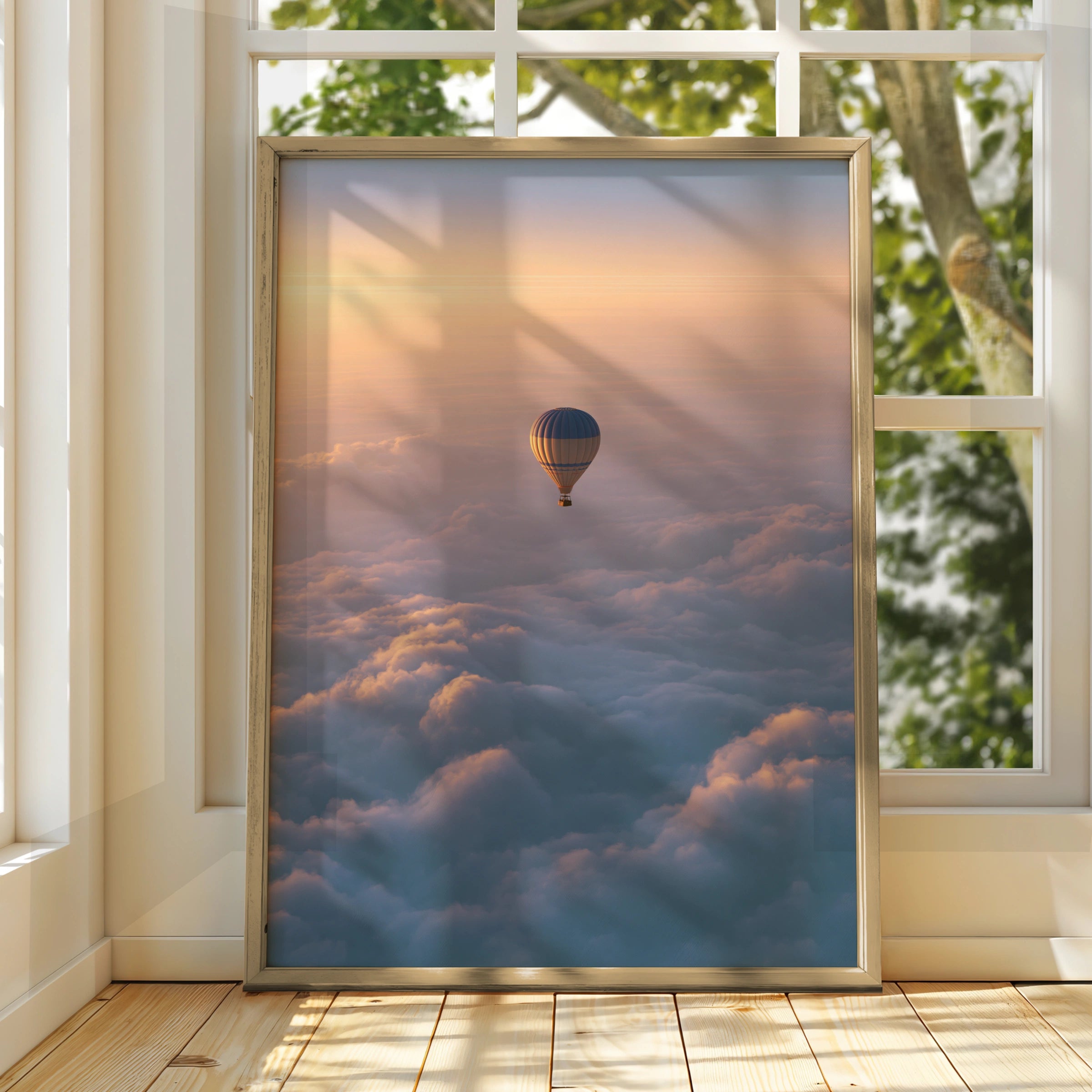 Hot Air Balloon Above Clouds Poster, Sunset Sky Wall Art Print