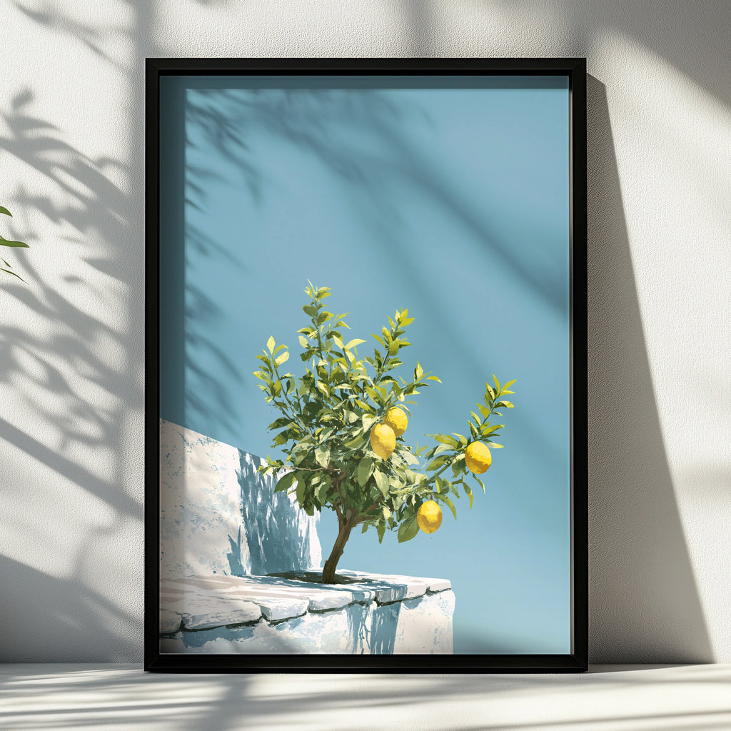 Lemon Tree Rooftop Wall Art Poster, Mediterranean Blue Sky Print
