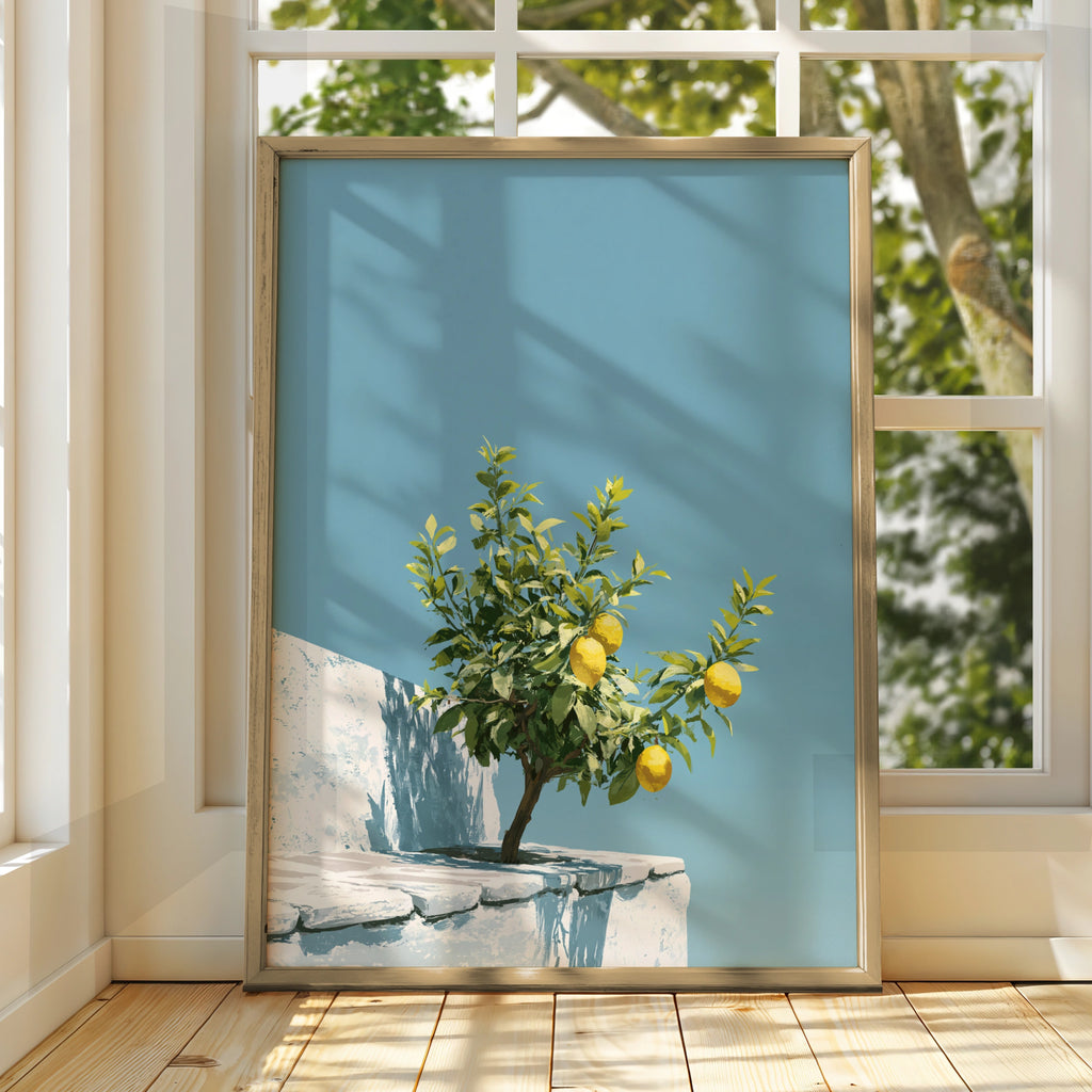 Lemon Tree Rooftop Wall Art Poster, Mediterranean Blue Sky Print