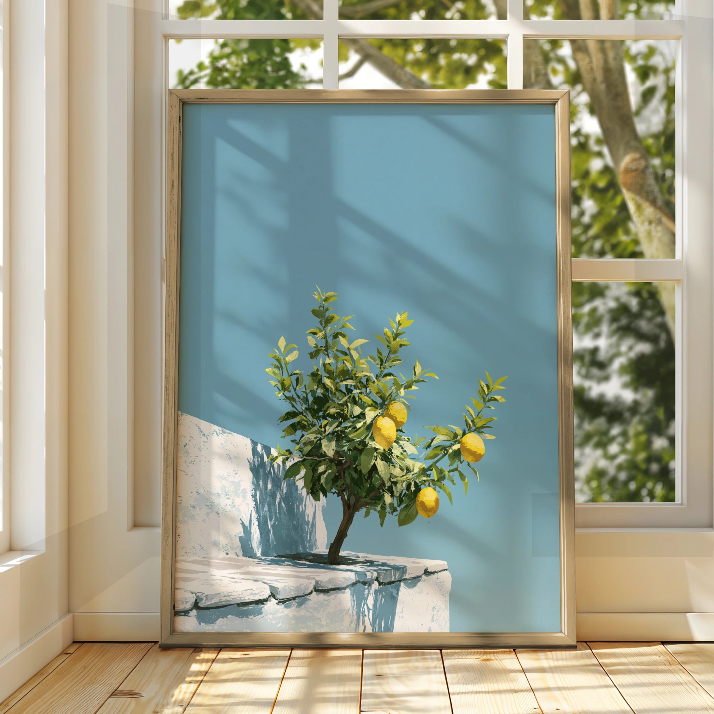 Lemon Tree Rooftop Wall Art Poster, Mediterranean Blue Sky Print