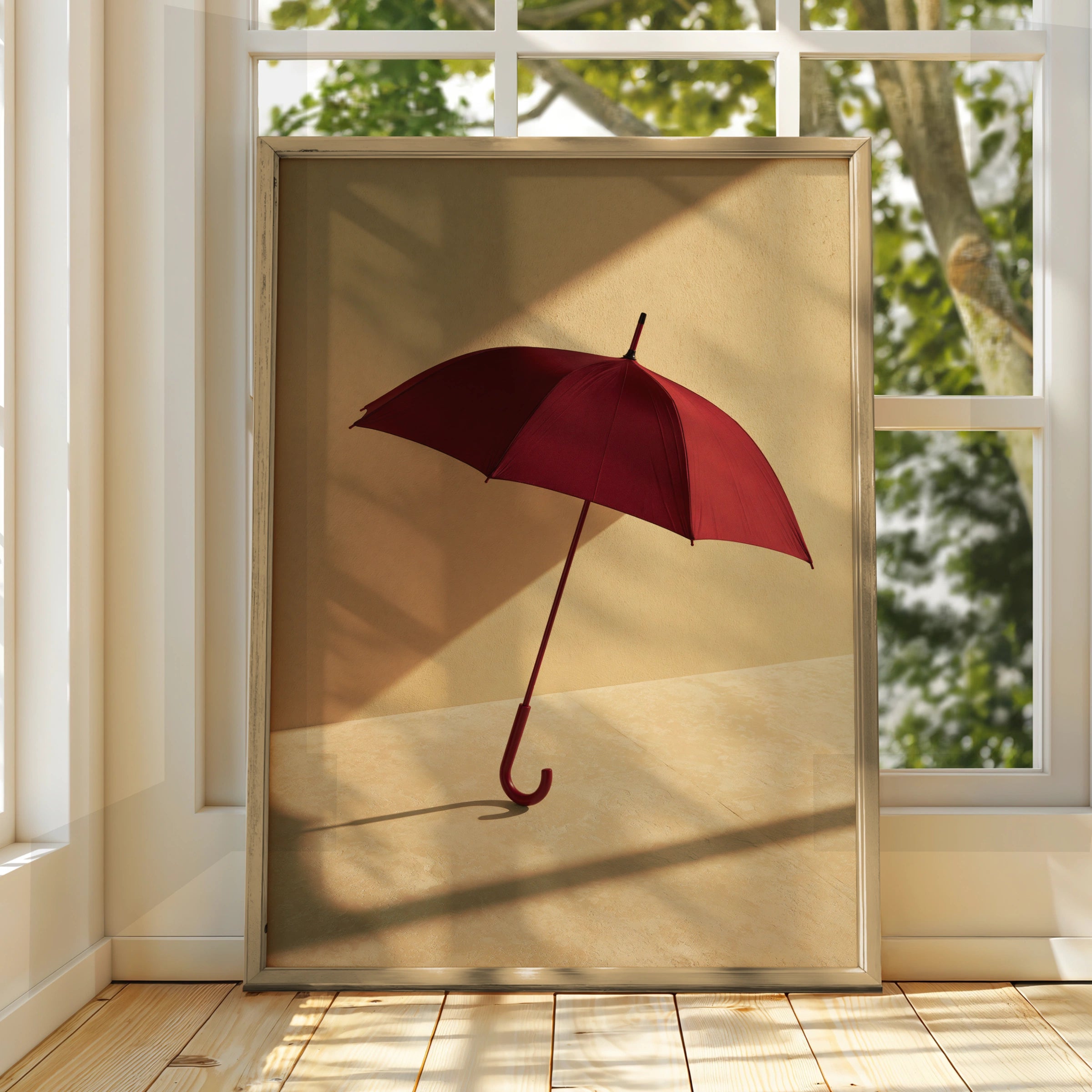 Red Umbrella Shadow Poster, Minimalist Still Life Print, Warm Tones
