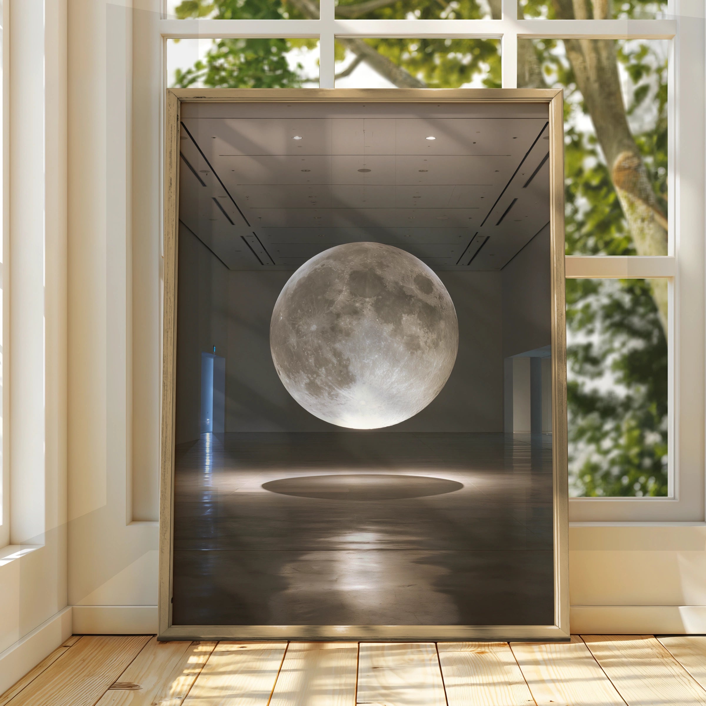Suspended Moon Gallery Installation Poster, Lunar Art Print, Minimalist