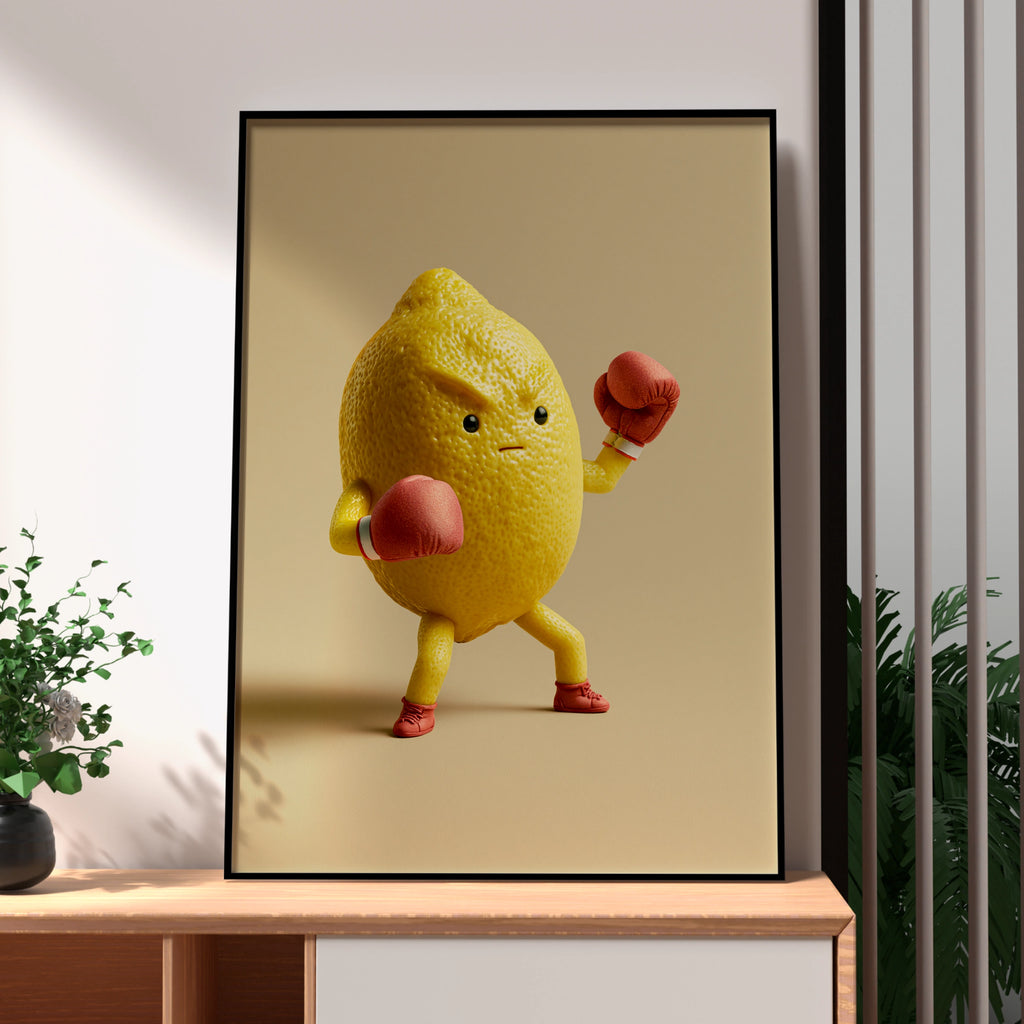 Fighting Lemon Boxing Poster, Funny Fruit Character Print, Bold Yellow Wall Art