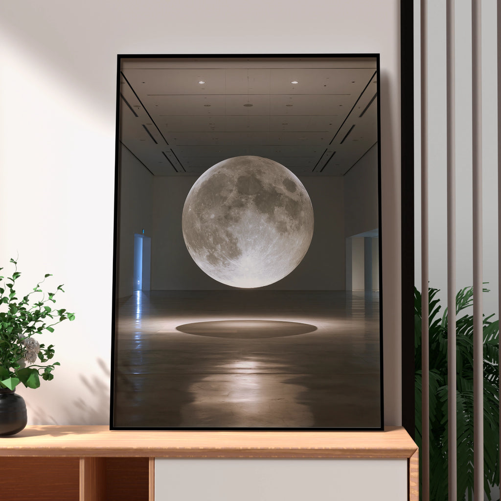 Suspended Moon Gallery Installation Poster, Lunar Art Print, Minimalist