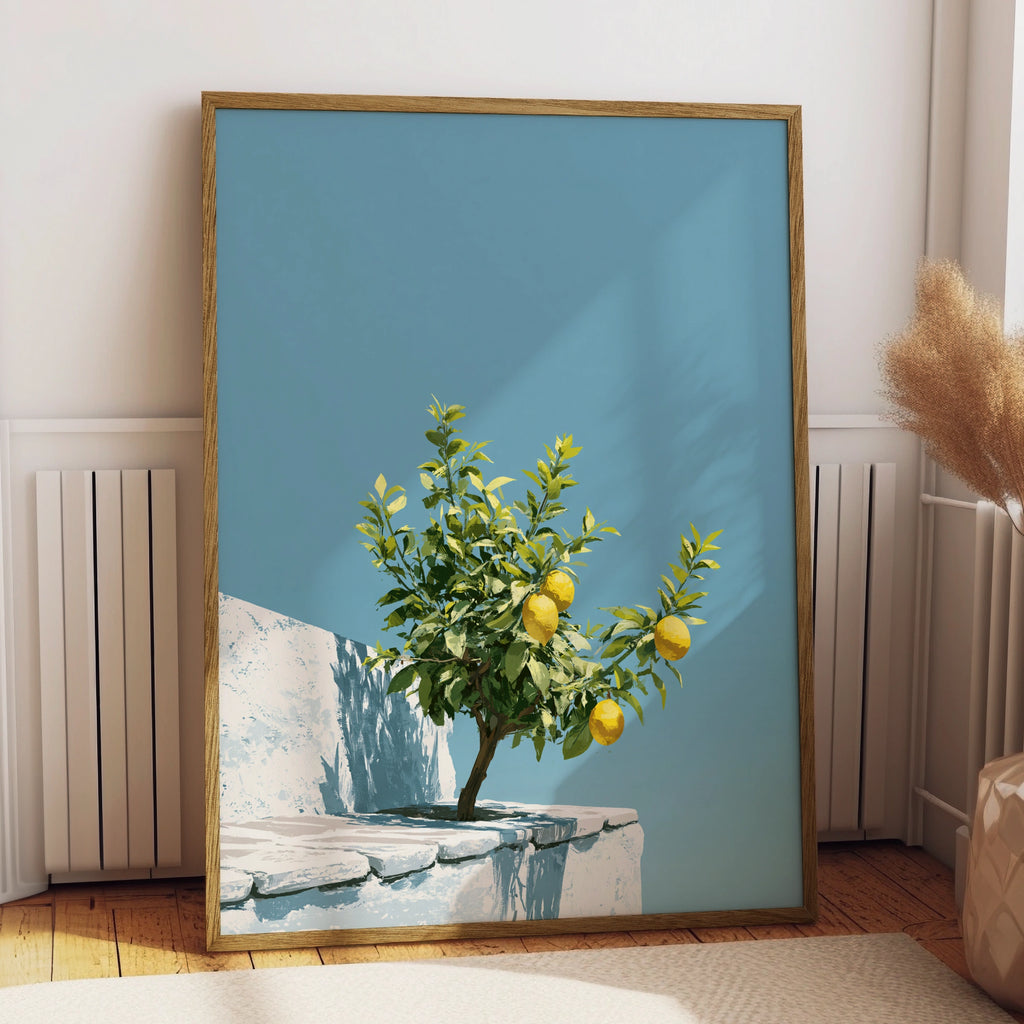Lemon Tree Rooftop Wall Art Poster, Mediterranean Blue Sky Print
