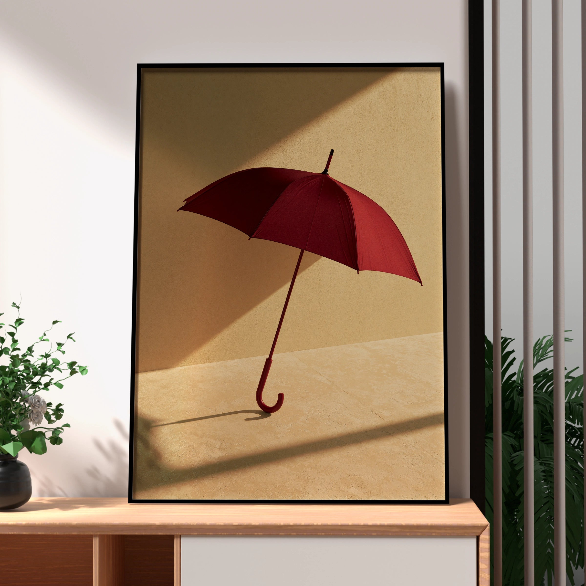 Red Umbrella Shadow Poster, Minimalist Still Life Print, Warm Tones