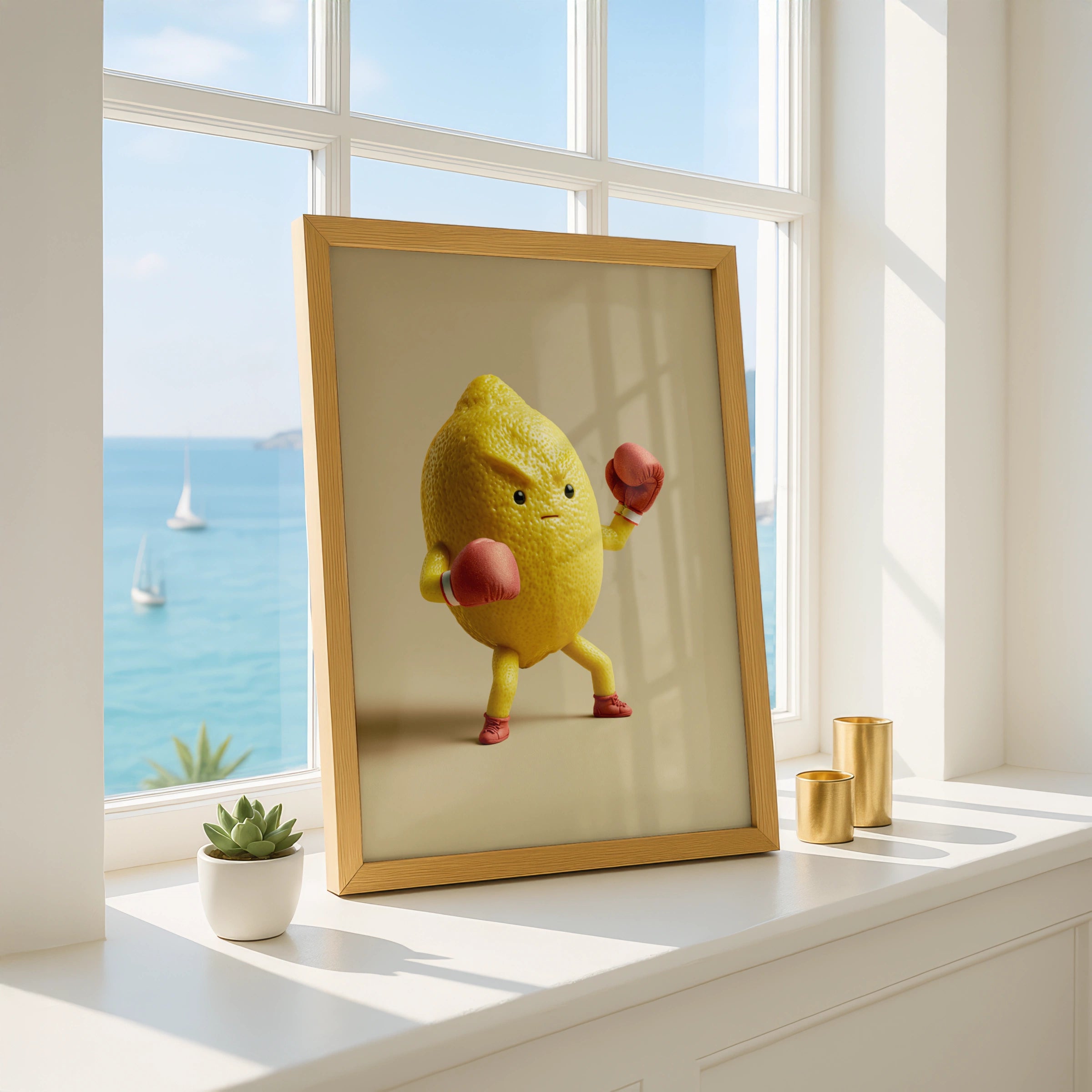 Fighting Lemon Boxing Poster, Funny Fruit Character Print, Bold Yellow Wall Art