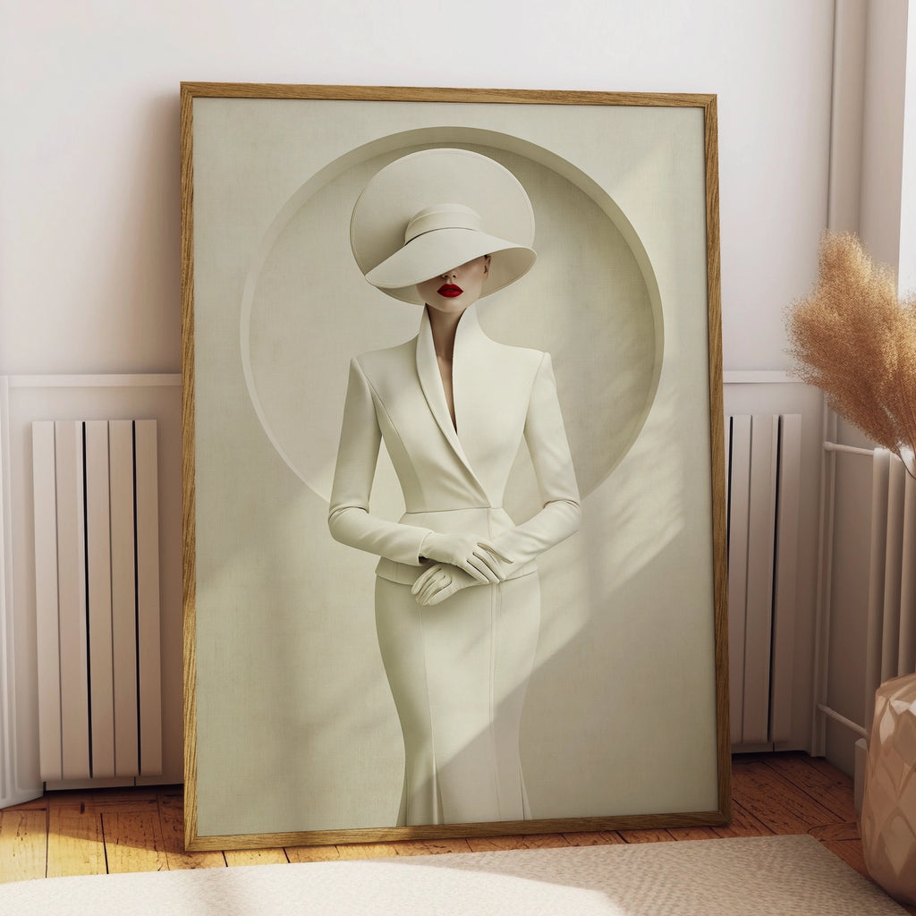 Elegant Woman Wide Brim Hat White Dress Poster, Minimalist Fashion Wall Art