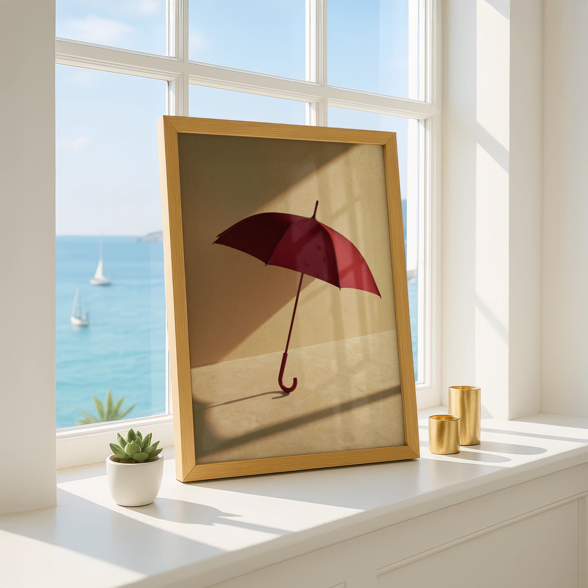 Red Umbrella Shadow Poster, Minimalist Still Life Print, Warm Tones