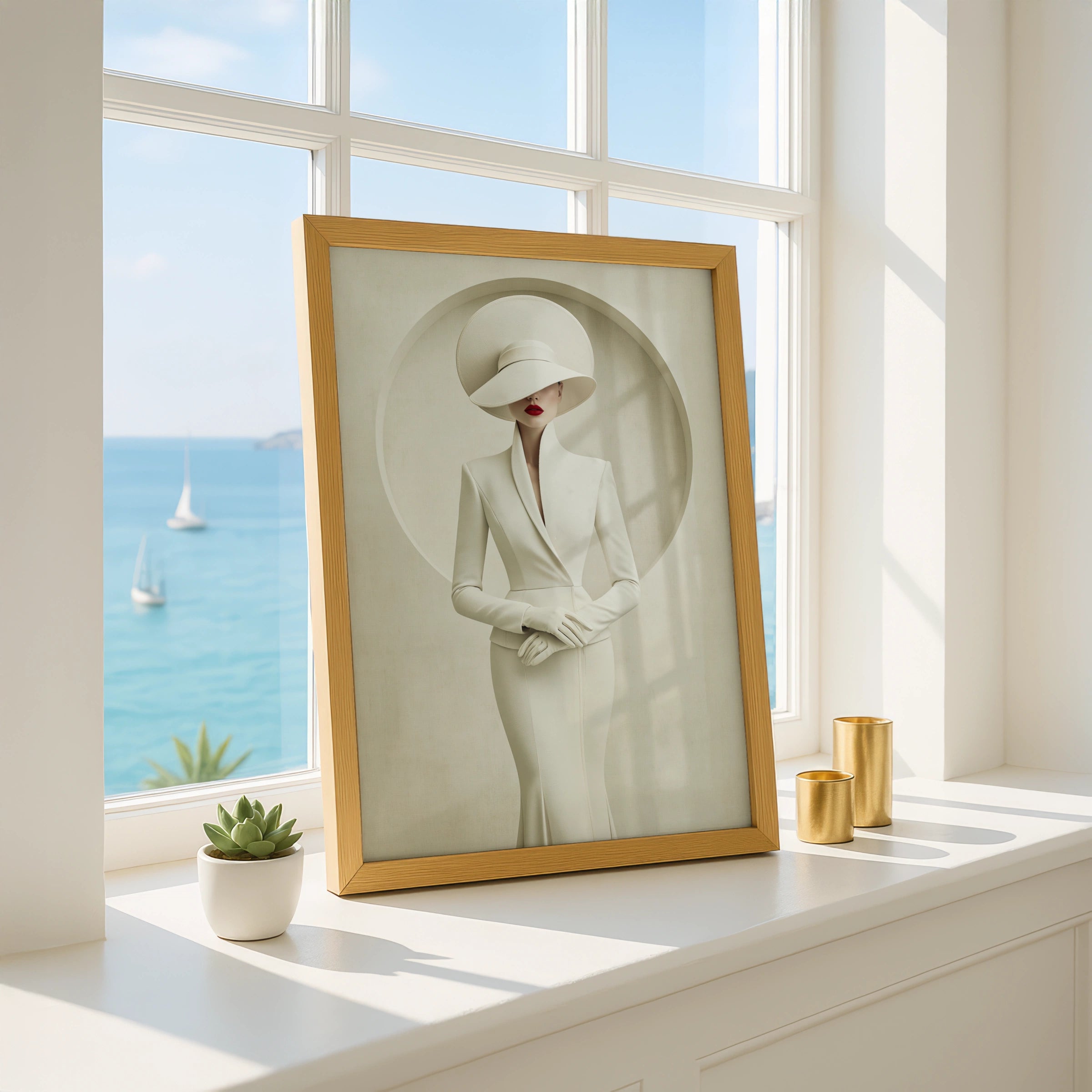 Elegant Woman Wide Brim Hat White Dress Poster, Minimalist Fashion Wall Art