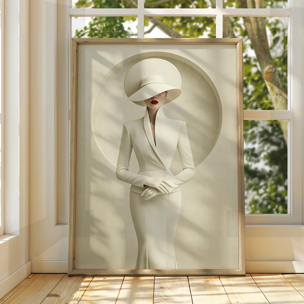 Elegant Woman Wide Brim Hat White Dress Poster, Minimalist Fashion Wall Art