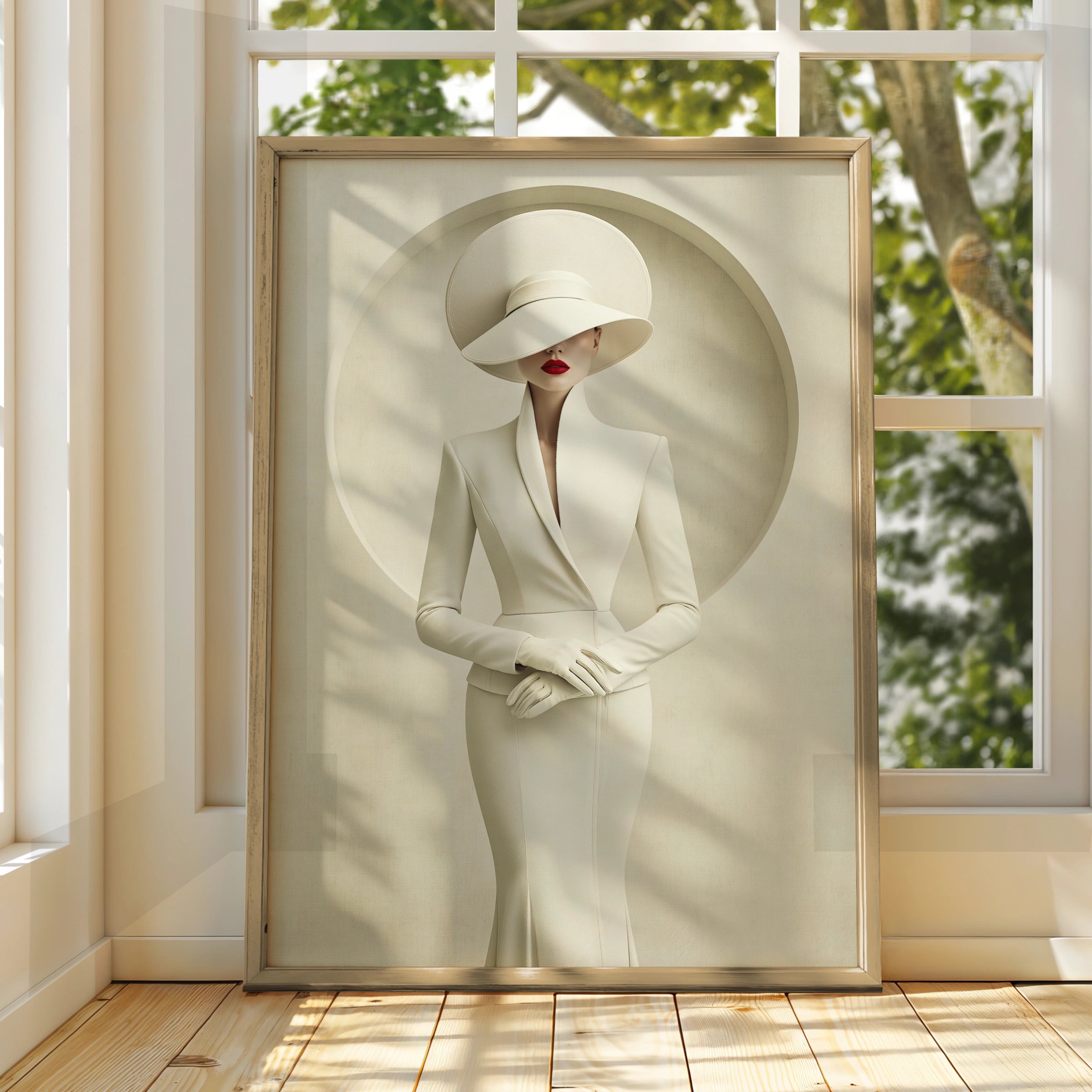 Elegant Woman Wide Brim Hat White Dress Poster, Minimalist Fashion Wall Art