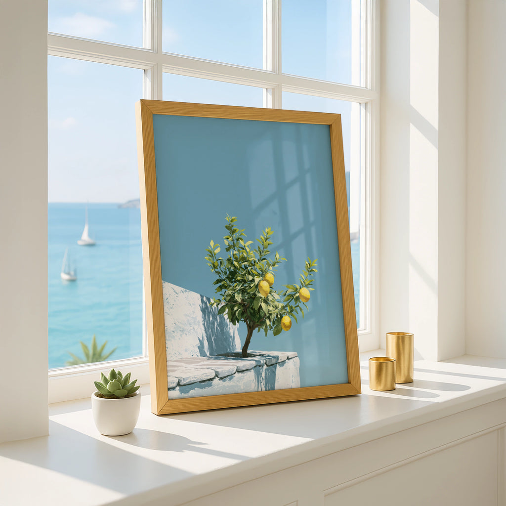 Lemon Tree Rooftop Wall Art Poster, Mediterranean Blue Sky Print
