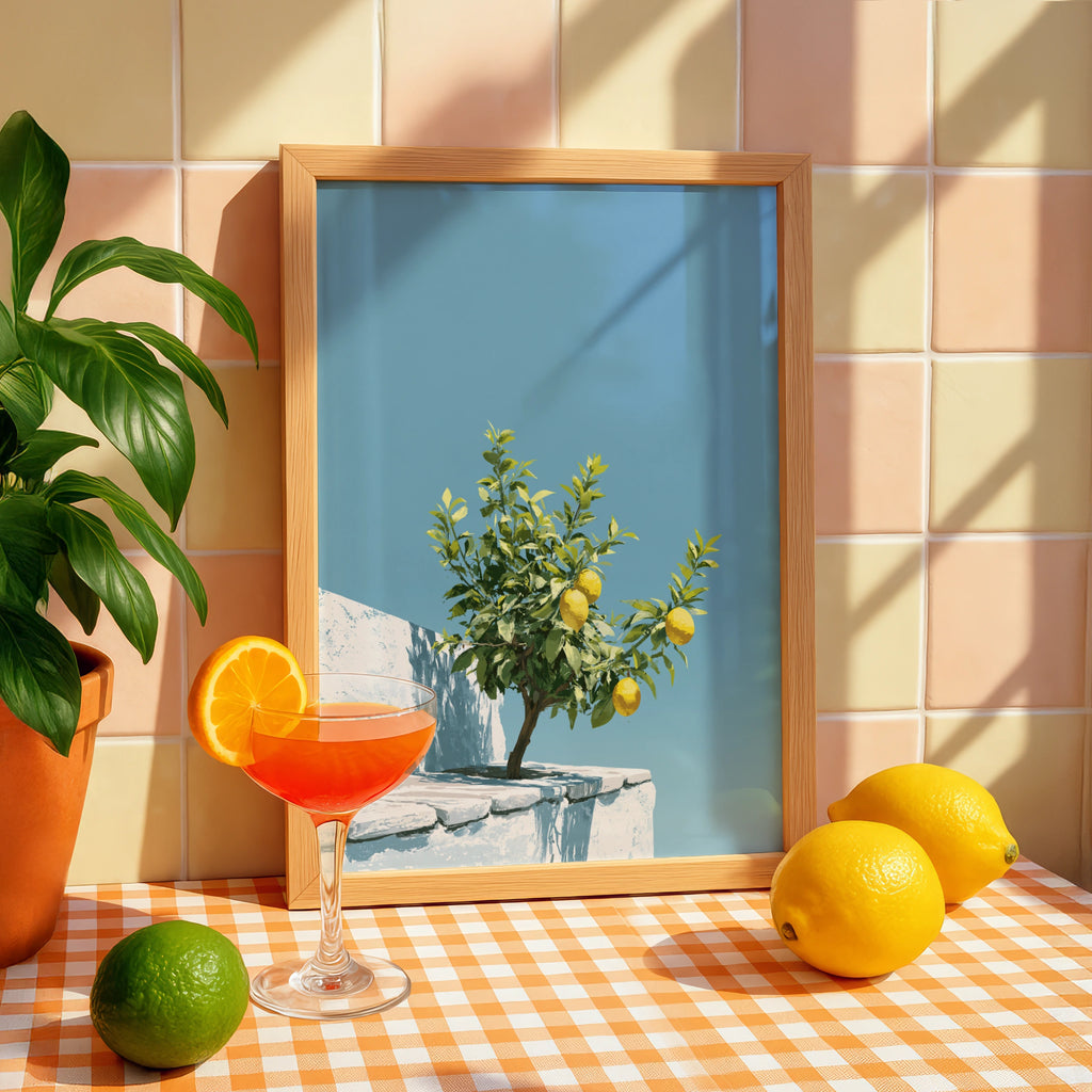 Lemon Tree Rooftop Wall Art Poster, Mediterranean Blue Sky Print
