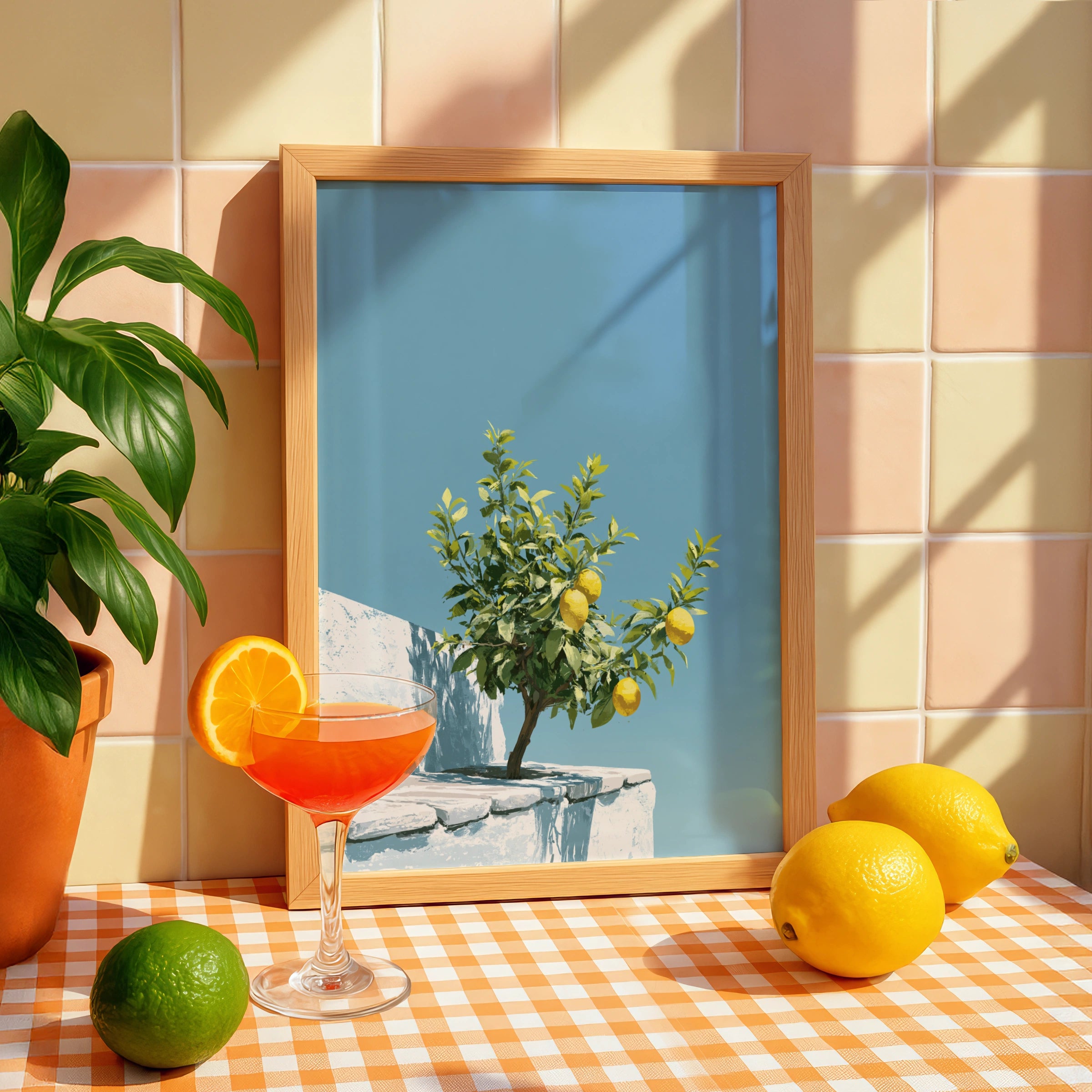 Lemon Tree Rooftop Wall Art Poster, Mediterranean Blue Sky Print