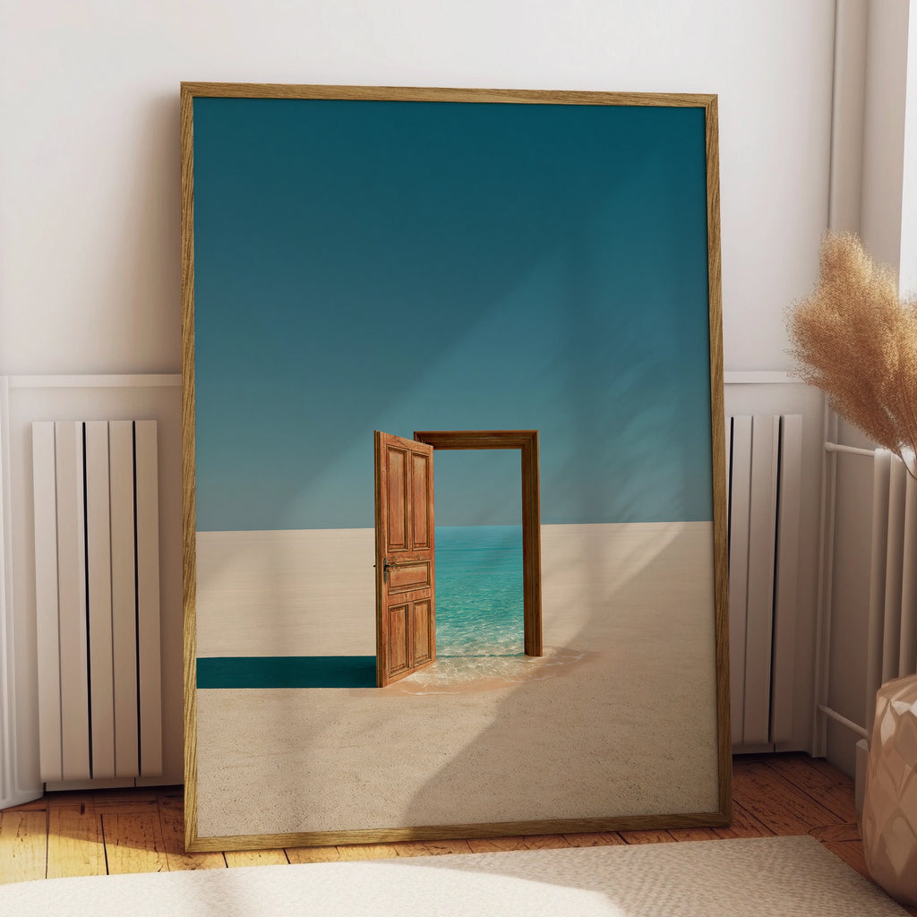 Surreal Desert Door Ocean Poster, Minimalist Dreamscape Wall Art Print