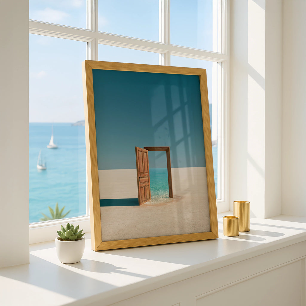 Surreal Desert Door Ocean Poster, Minimalist Dreamscape Wall Art Print