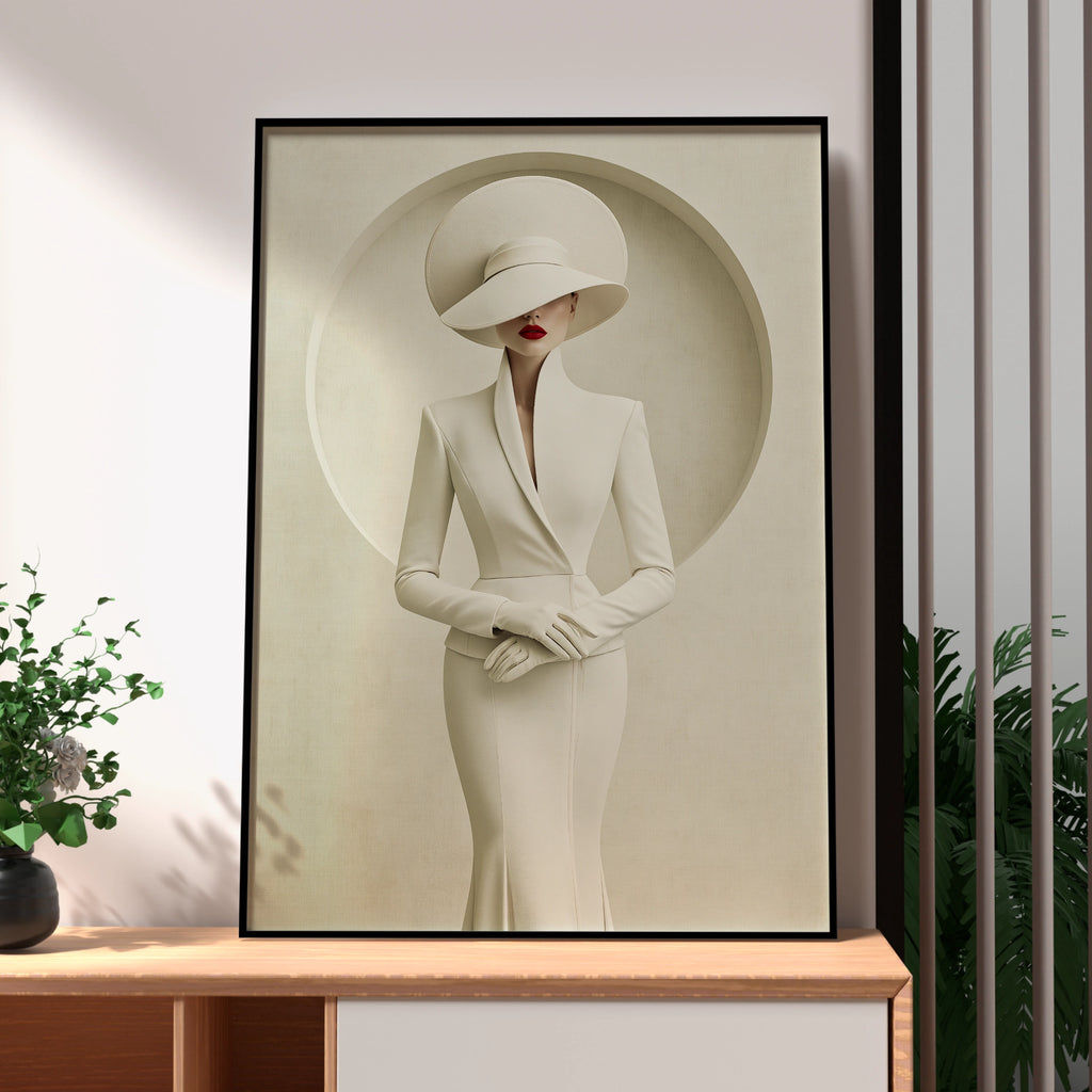 Elegant Woman Wide Brim Hat White Dress Poster, Minimalist Fashion Wall Art