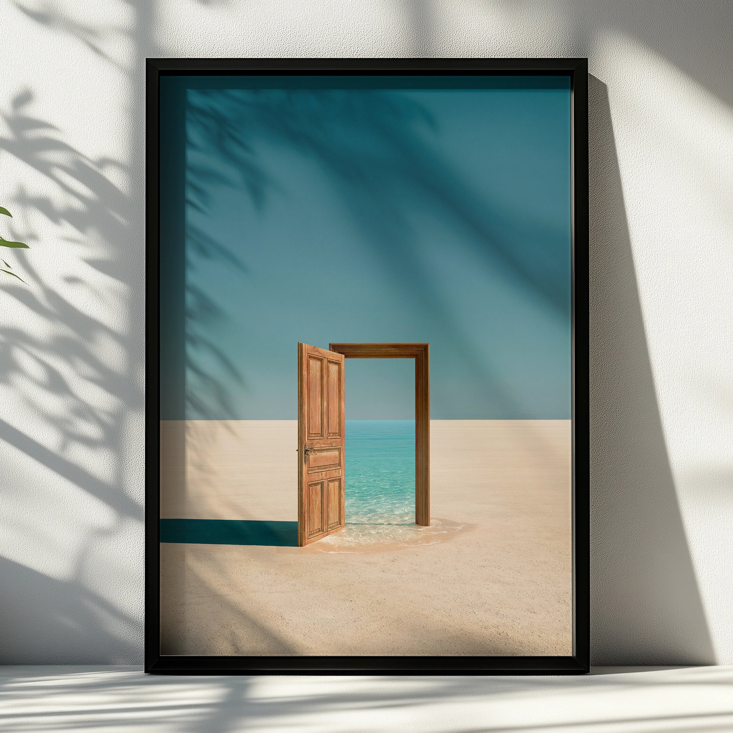 Surreal Desert Door Ocean Poster, Minimalist Dreamscape Wall Art Print