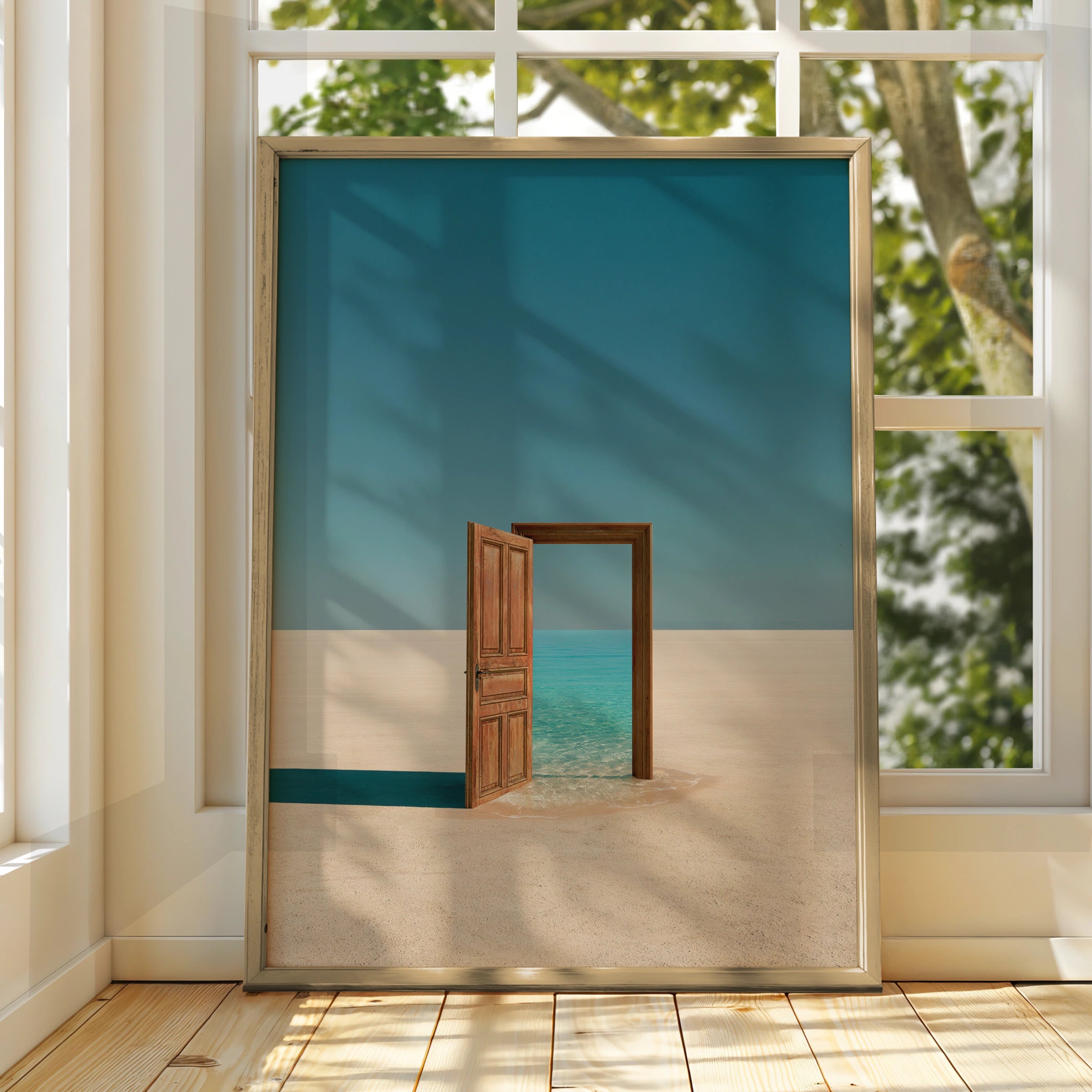 Surreal Desert Door Ocean Poster, Minimalist Dreamscape Wall Art Print