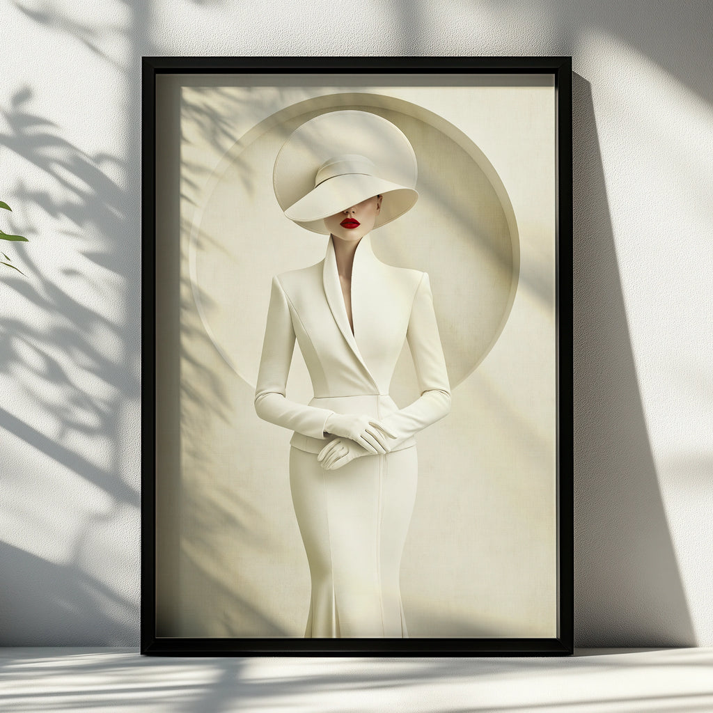 Elegant Woman Wide Brim Hat White Dress Poster, Minimalist Fashion Wall Art