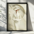 Elegant Woman Wide Brim Hat White Dress Poster, Minimalist Fashion Wall Art