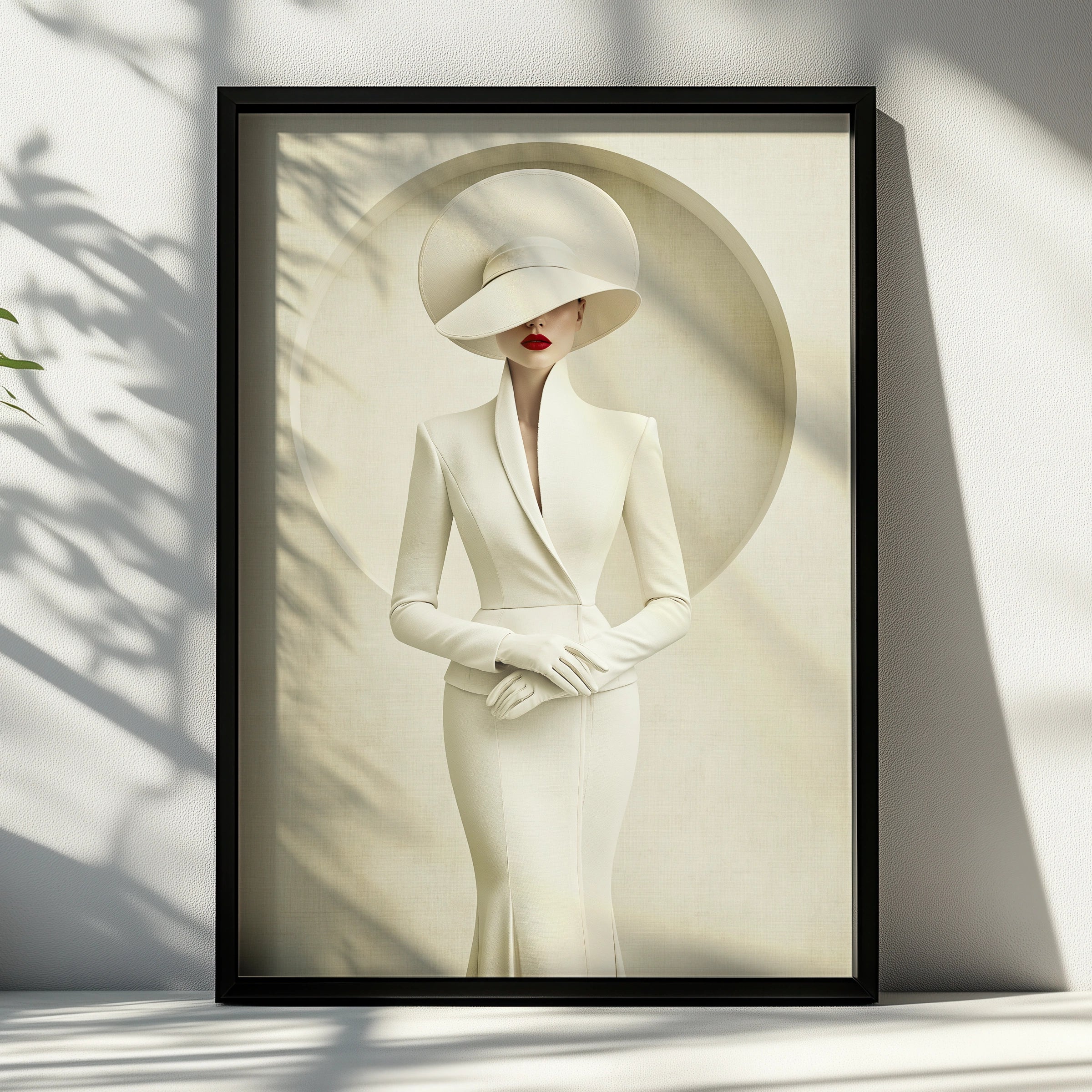 Elegant Woman Wide Brim Hat White Dress Poster, Minimalist Fashion Wall Art