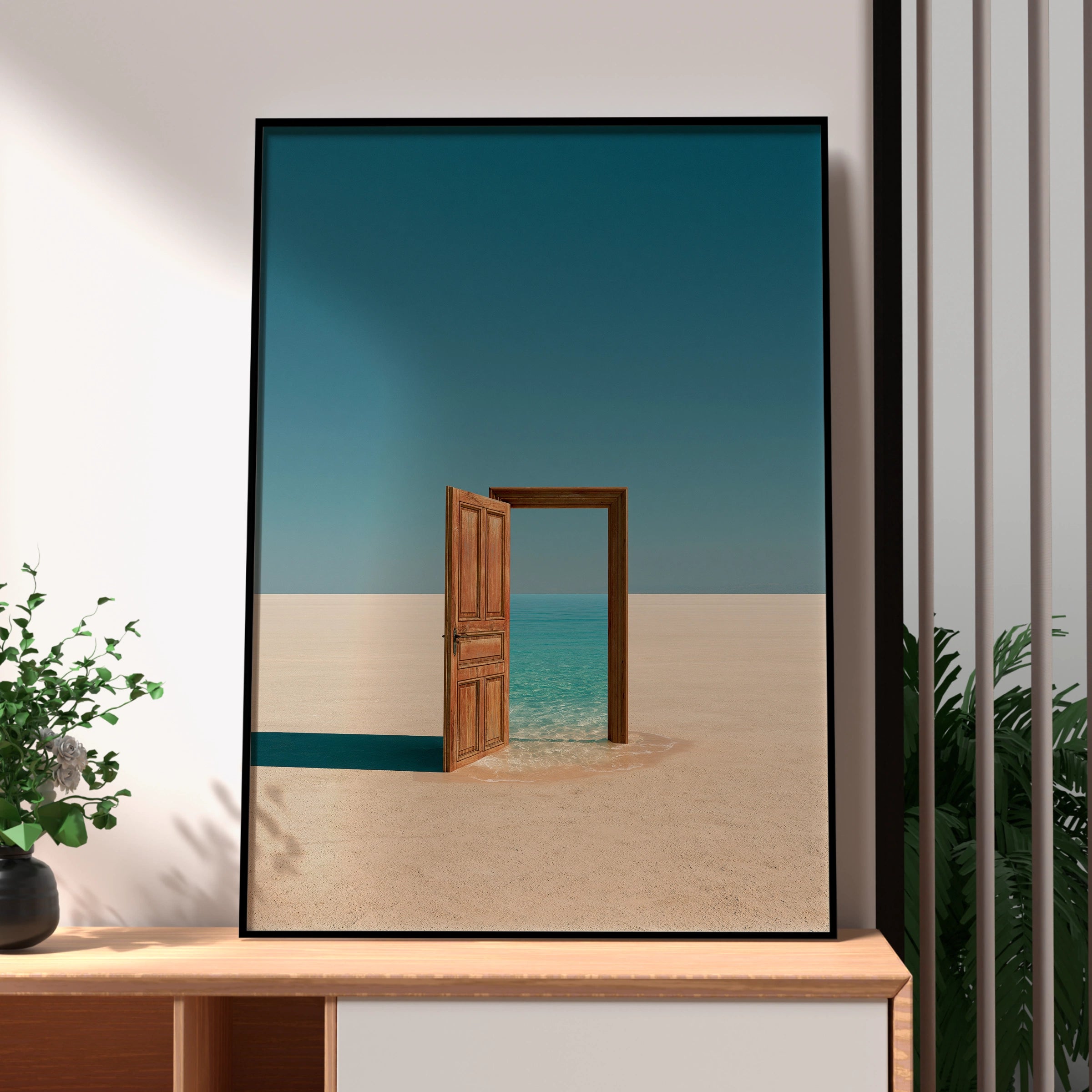 Surreal Desert Door Ocean Poster, Minimalist Dreamscape Wall Art Print