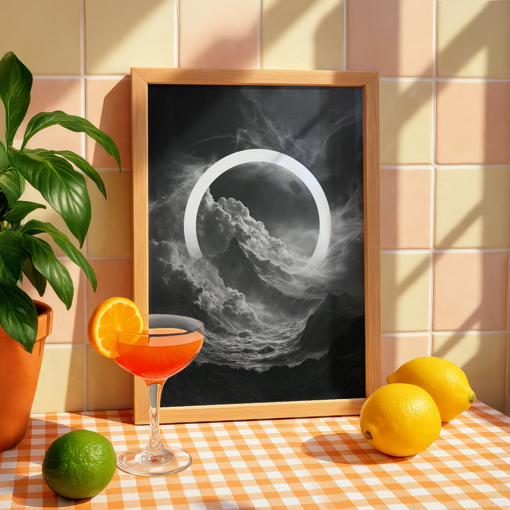 Moon Circle Dark Surreal Poster, Mountain Clouds Space Wall Art Print