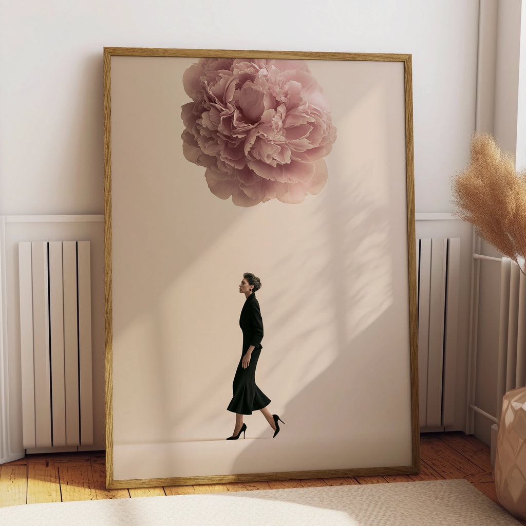 Woman Walking Under Giant Peony Poster, Surreal Floral Fashion Wall Art Print