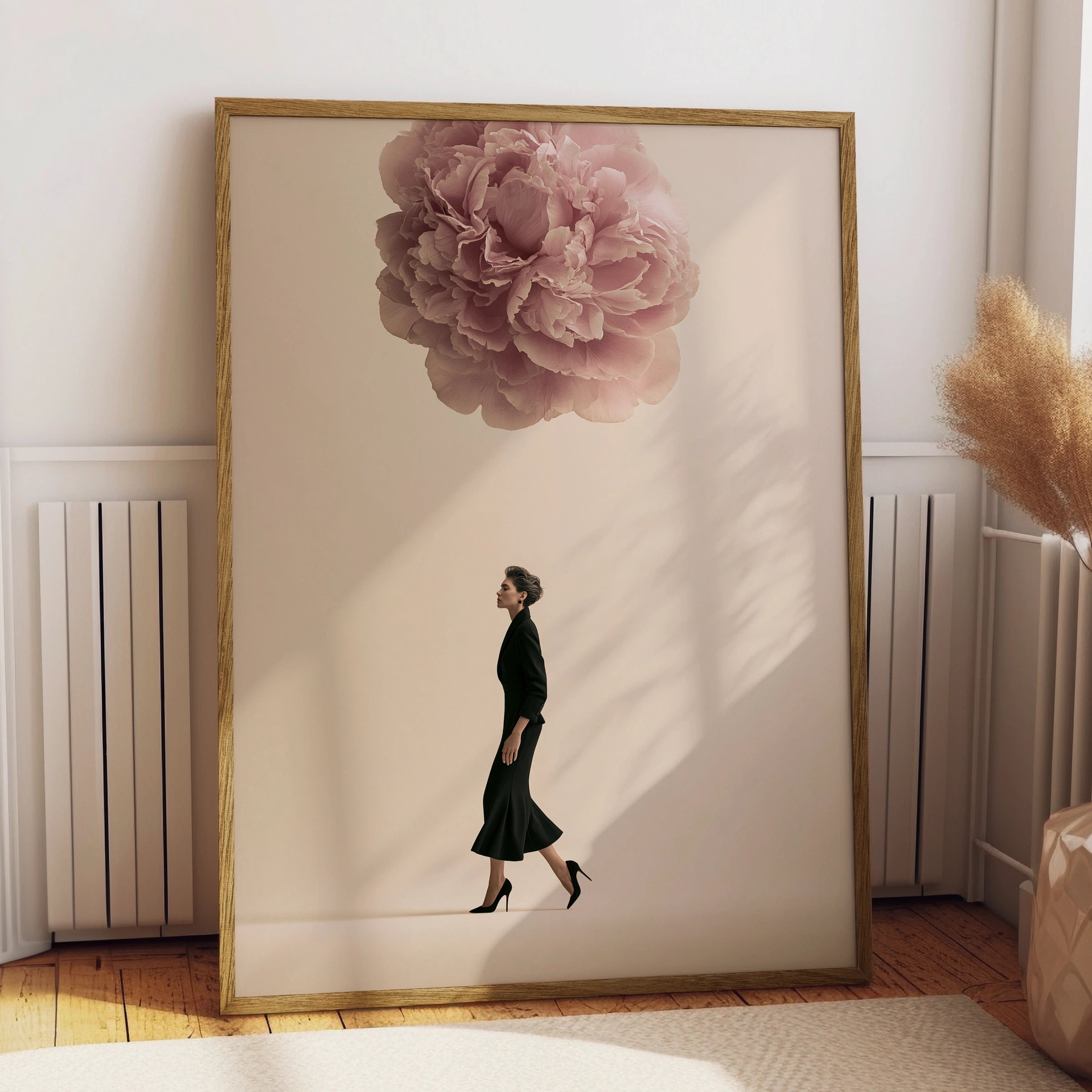Woman Walking Under Giant Peony Poster, Surreal Floral Fashion Wall Art Print
