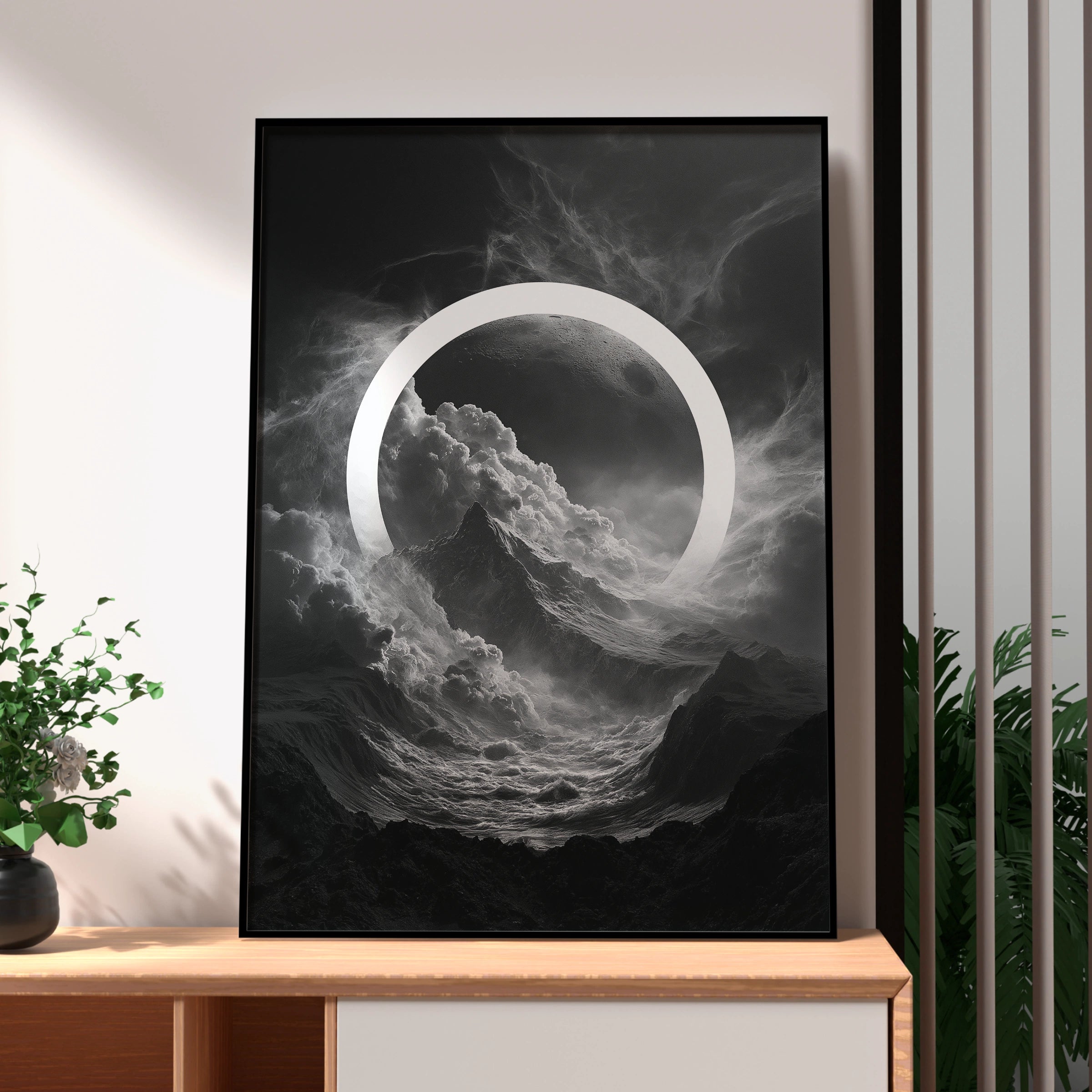 Moon Circle Dark Surreal Poster, Mountain Clouds Space Wall Art Print