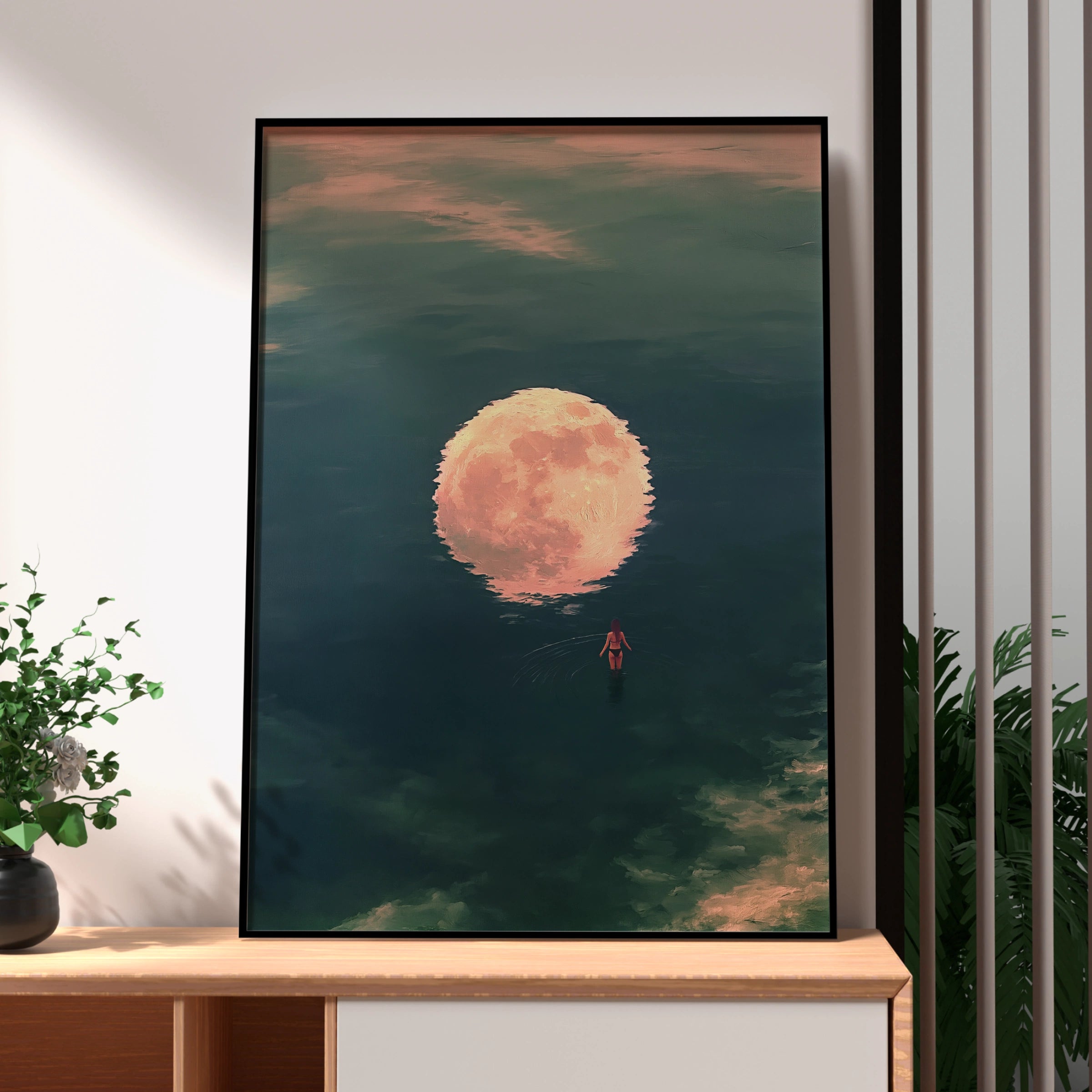 Woman Walking Towards Moon Reflection, Ocean Night Sky Art Print, Dreamy Teal Pink Poster