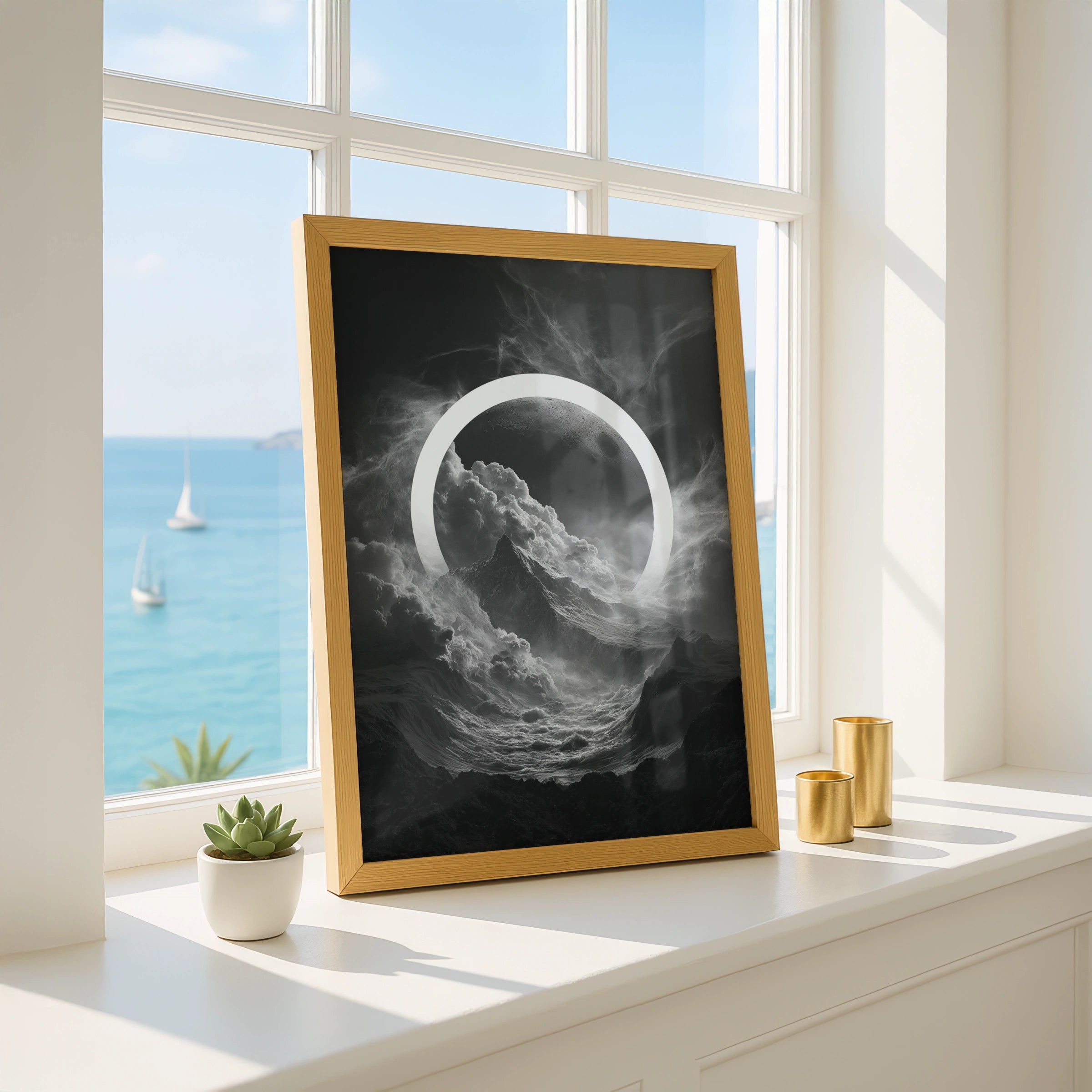 Moon Circle Dark Surreal Poster, Mountain Clouds Space Wall Art Print