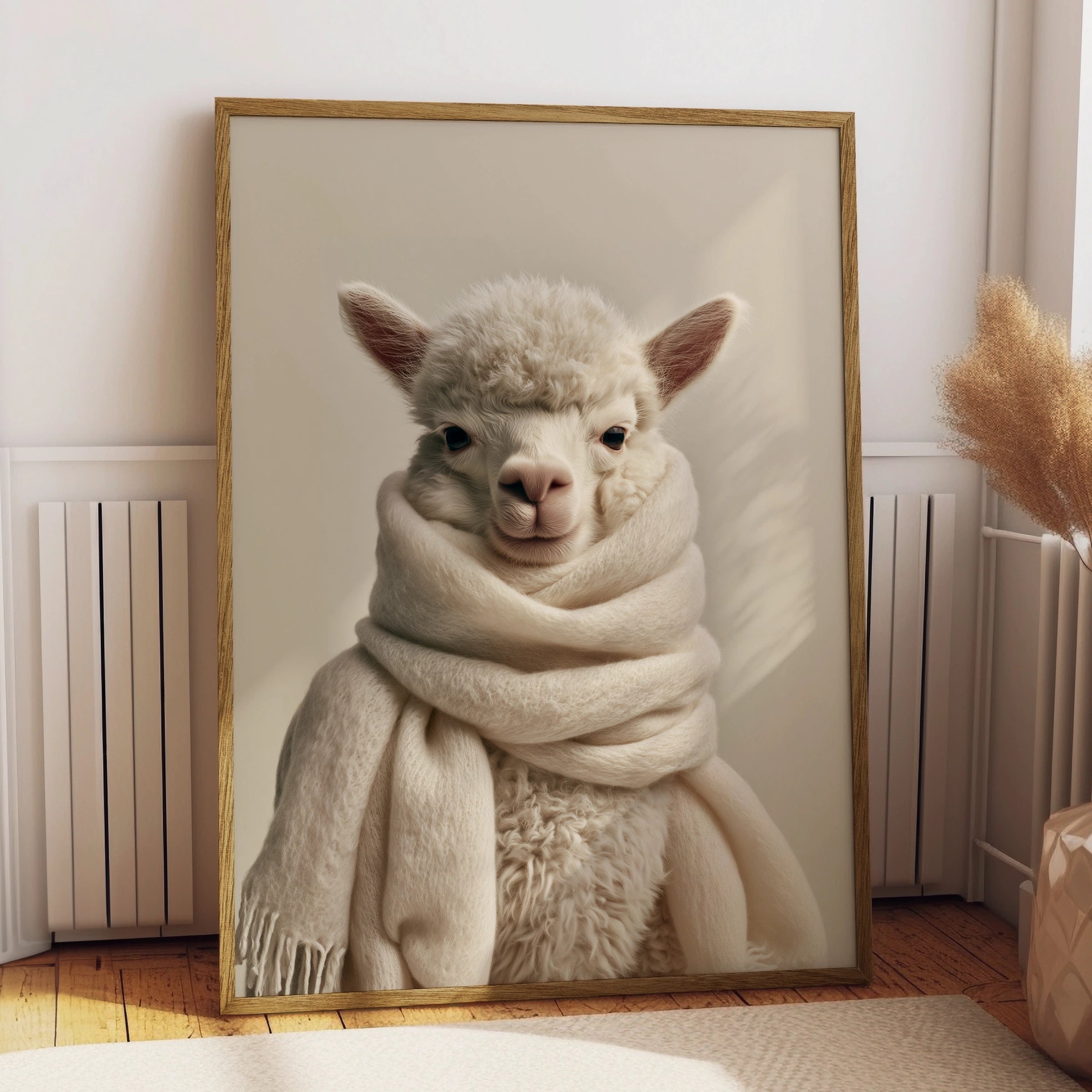 Fluffy Alpaca Scarf Portrait Poster, Cute Animal Wall Art, Minimalist Print
