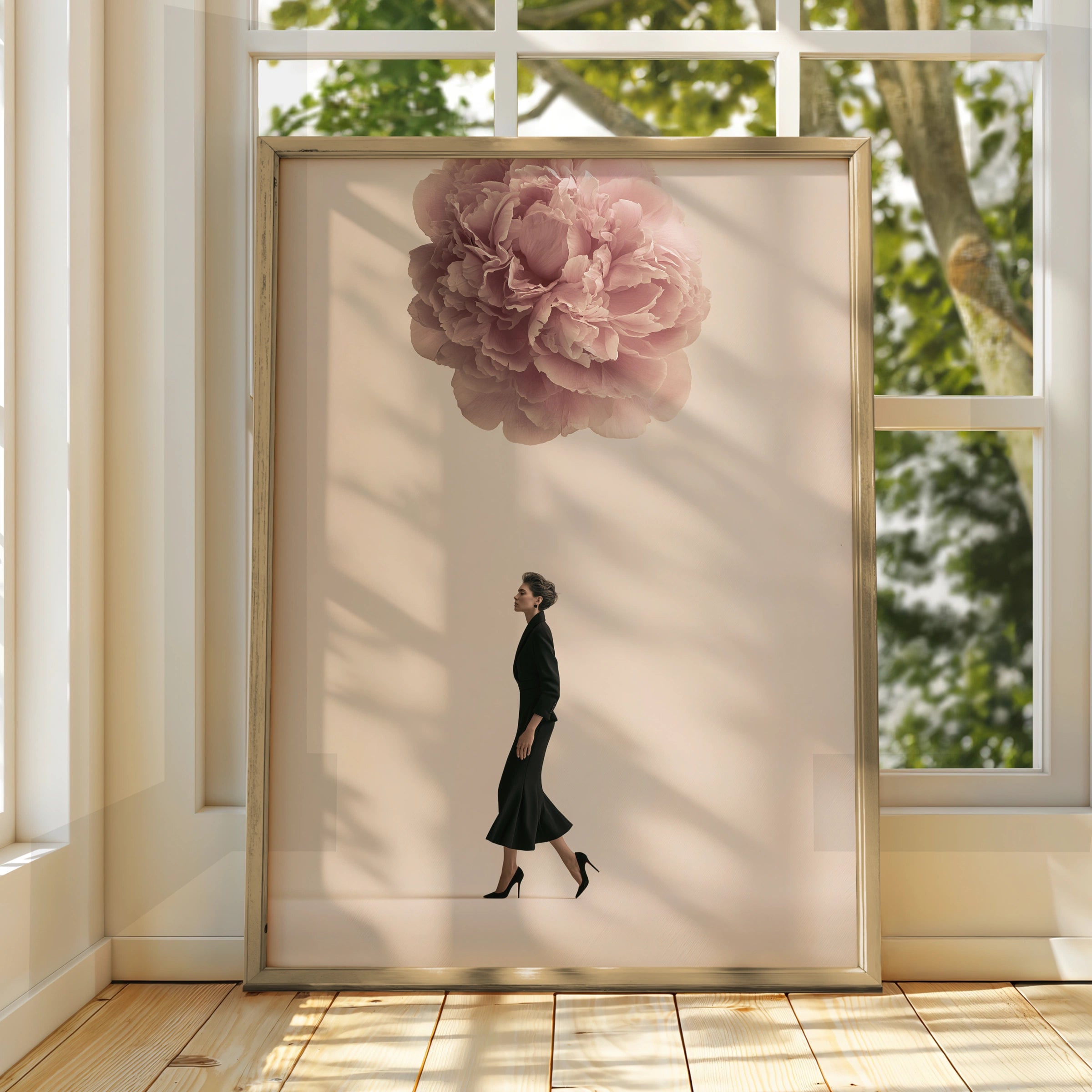 Woman Walking Under Giant Peony Poster, Surreal Floral Fashion Wall Art Print