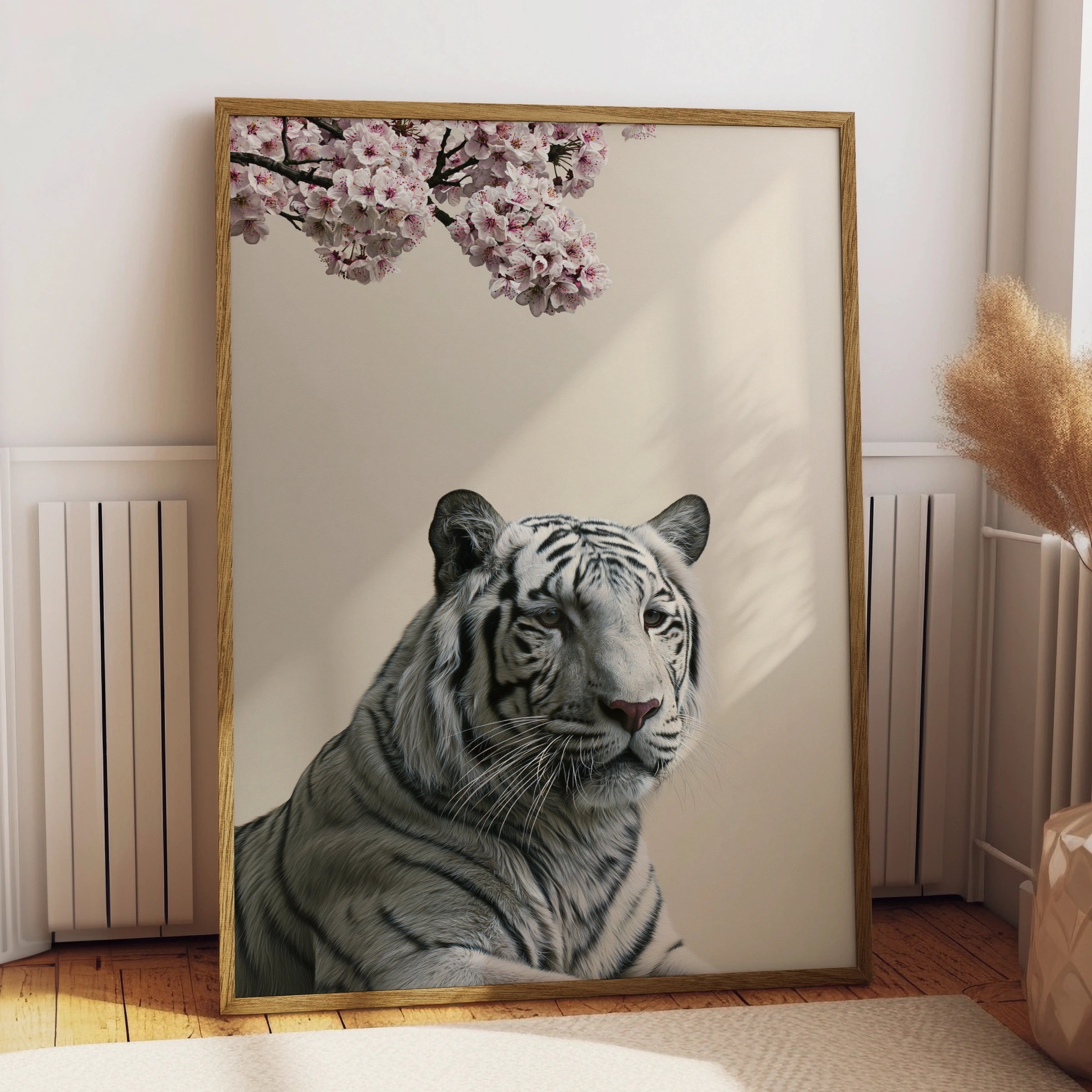 White Tiger Cherry Blossom Poster, Minimalist Animal Wall Art Print