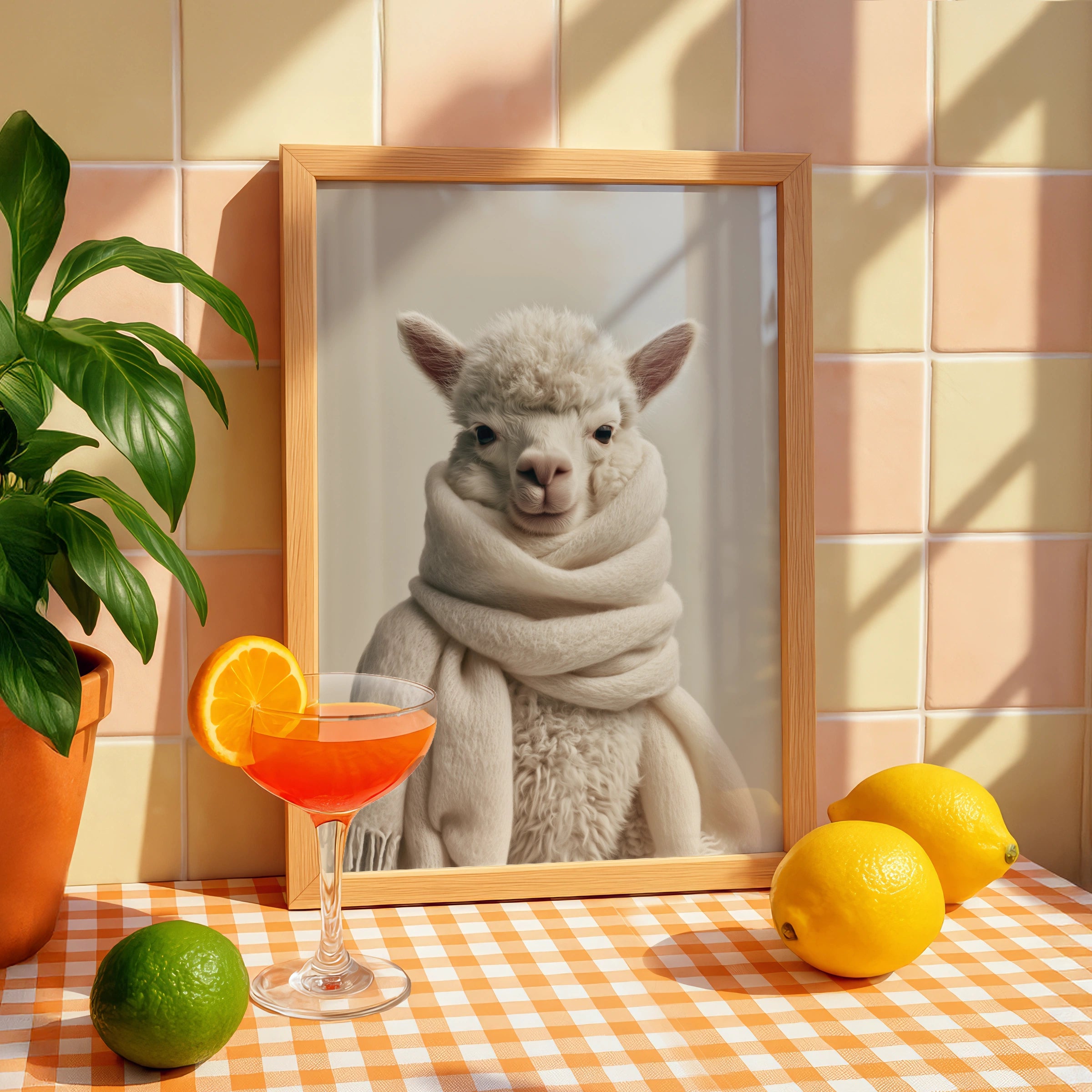 Fluffy Alpaca Scarf Portrait Poster, Cute Animal Wall Art, Minimalist Print
