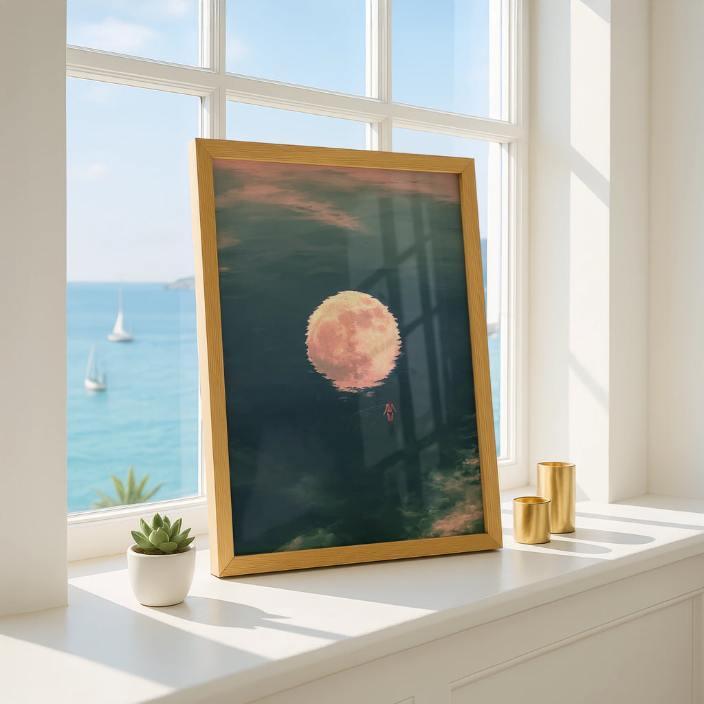 Woman Walking Towards Moon Reflection, Ocean Night Sky Art Print, Dreamy Teal Pink Poster