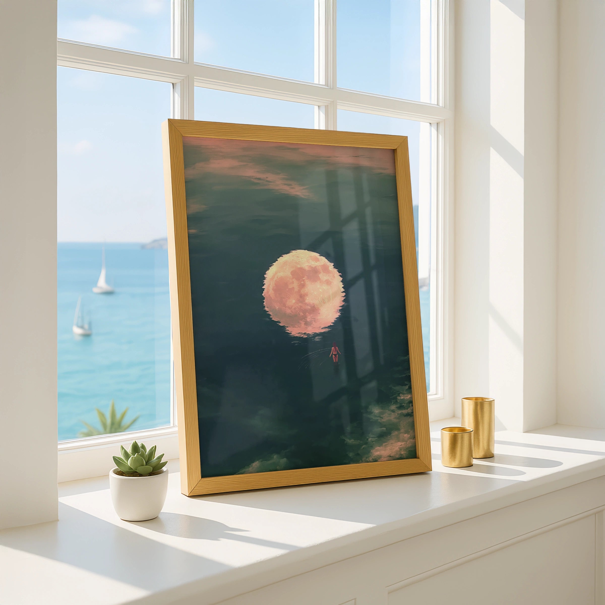 Woman Walking Towards Moon Reflection, Ocean Night Sky Art Print, Dreamy Teal Pink Poster