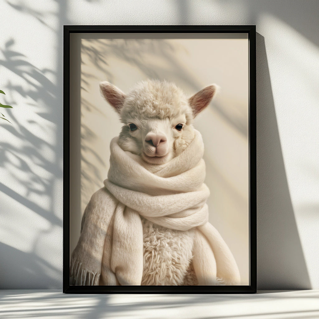 Fluffy Alpaca Scarf Portrait Poster, Cute Animal Wall Art, Minimalist Print