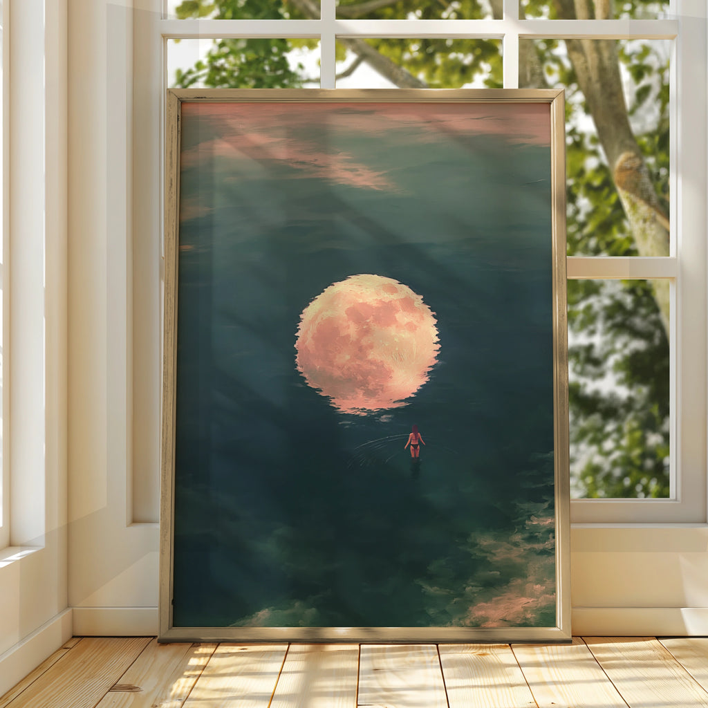 Woman Walking Towards Moon Reflection, Ocean Night Sky Art Print, Dreamy Teal Pink Poster