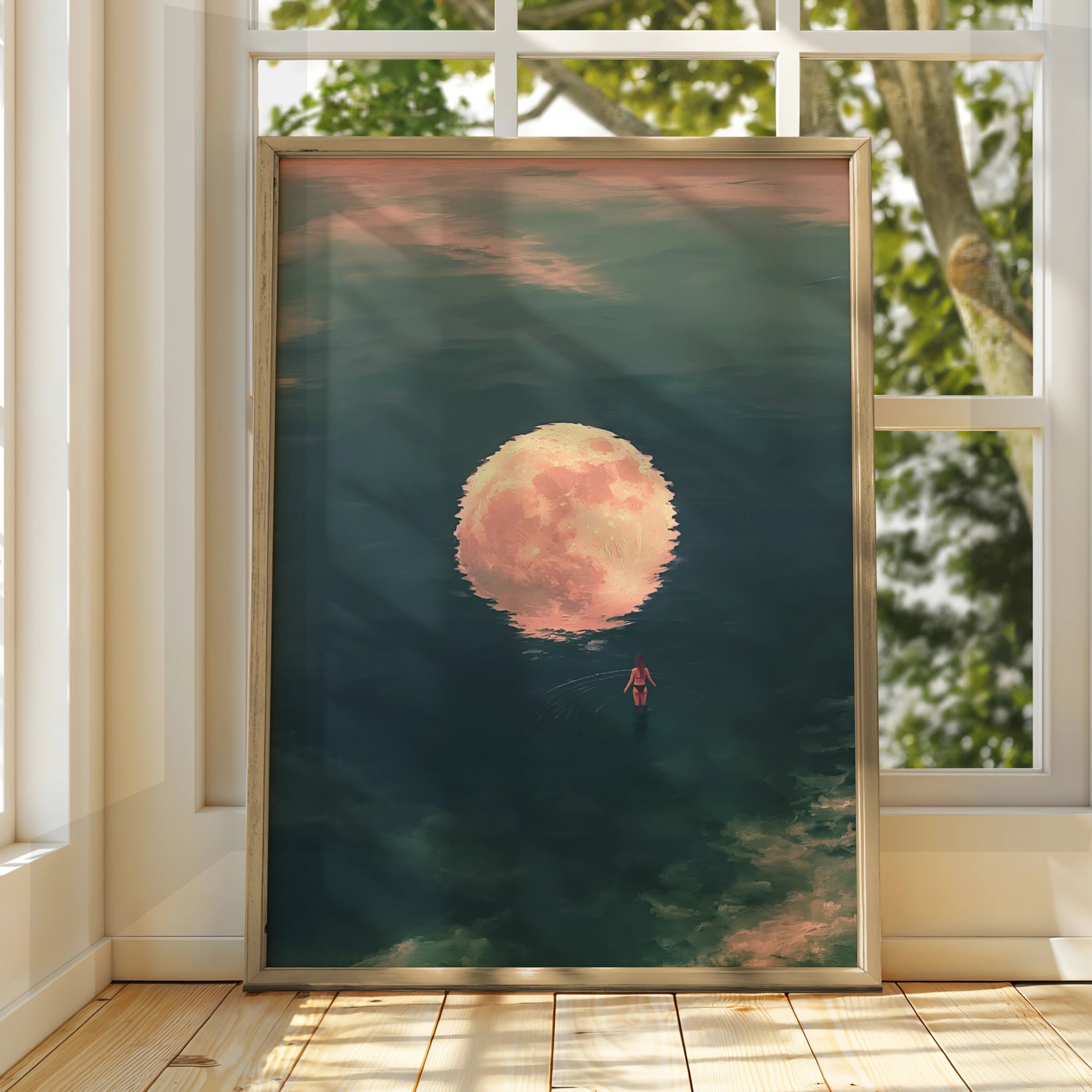 Woman Walking Towards Moon Reflection, Ocean Night Sky Art Print, Dreamy Teal Pink Poster
