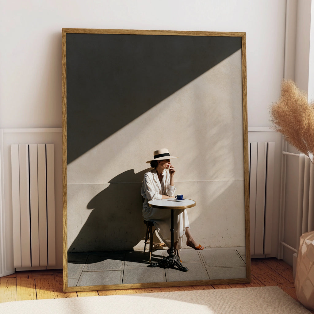 Woman Alone at Cafe Poster, Parisian Coffee Print, Elegant Minimalist Wall Art