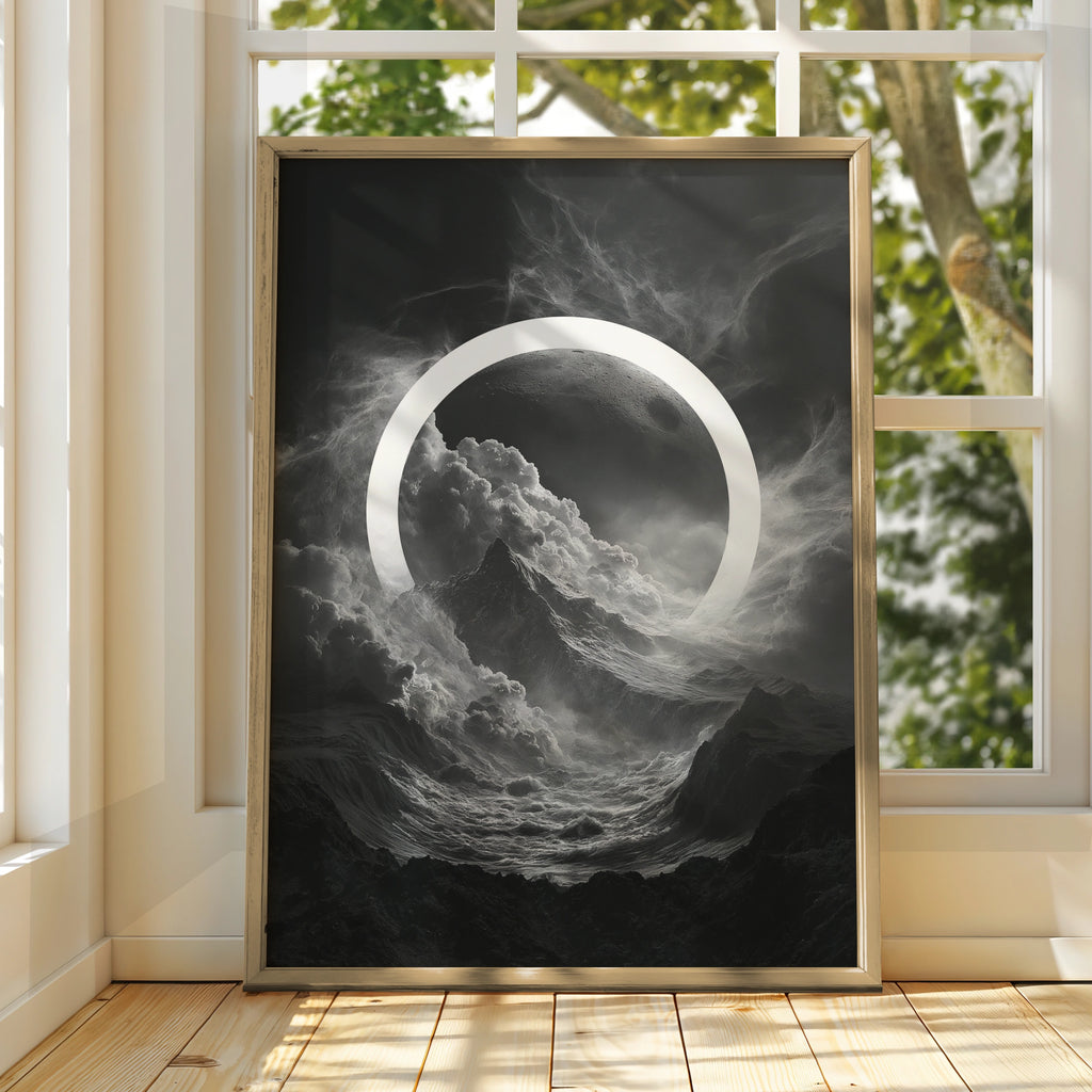 Moon Circle Dark Surreal Poster, Mountain Clouds Space Wall Art Print