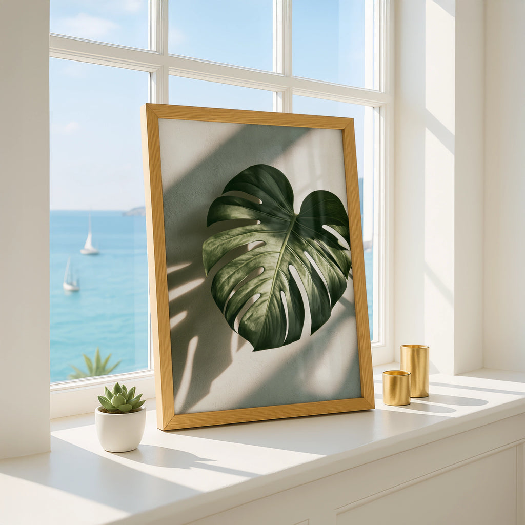 Monstera Leaf Shadow Botanical Poster, Tropical Plant Wall Art, Minimalist
