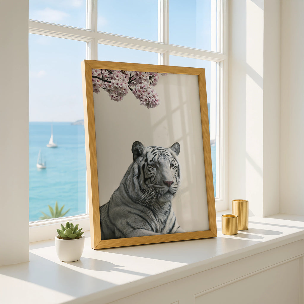 White Tiger Cherry Blossom Poster, Minimalist Animal Wall Art Print