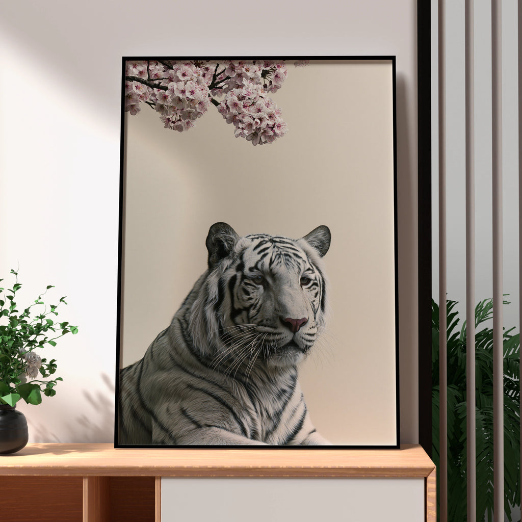 White Tiger Cherry Blossom Poster, Minimalist Animal Wall Art Print